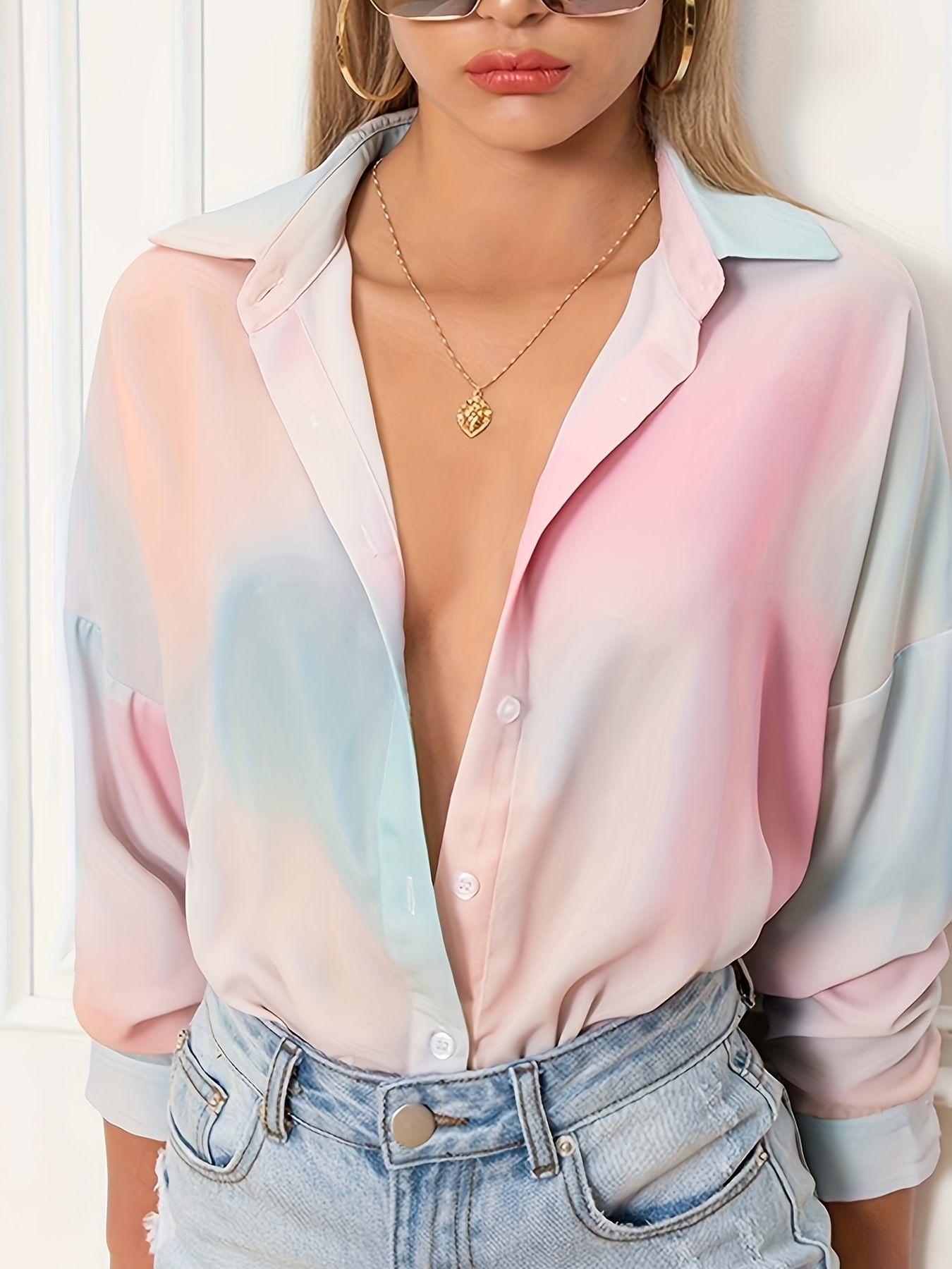 plus size collared ombre shirt casual long sleeve button front shirt womens plus size clothing details 1