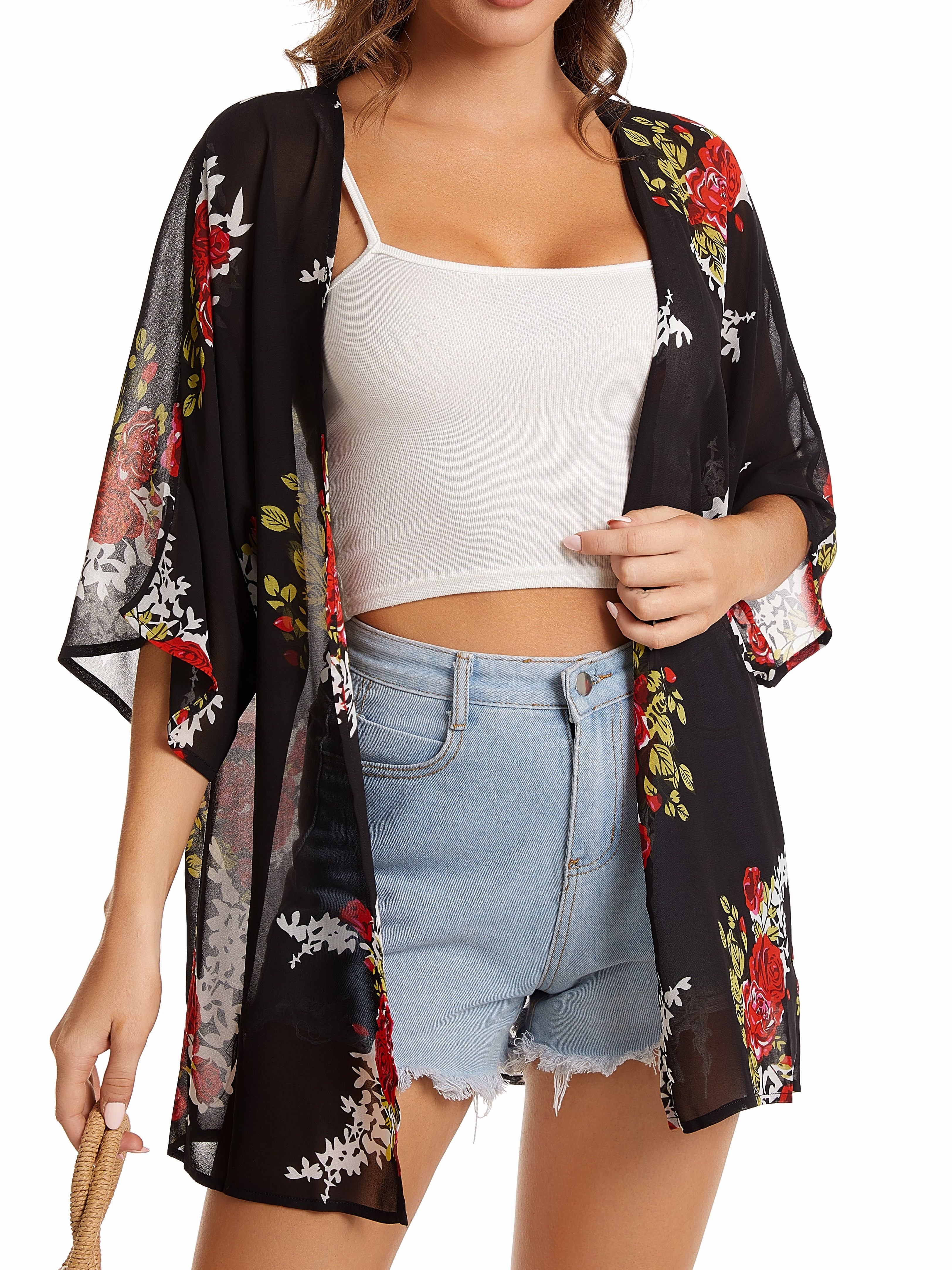 plus size floral print open front kimono casual 3 4 sleeve cover up kimono for spring summer womens plus size clothing details 1