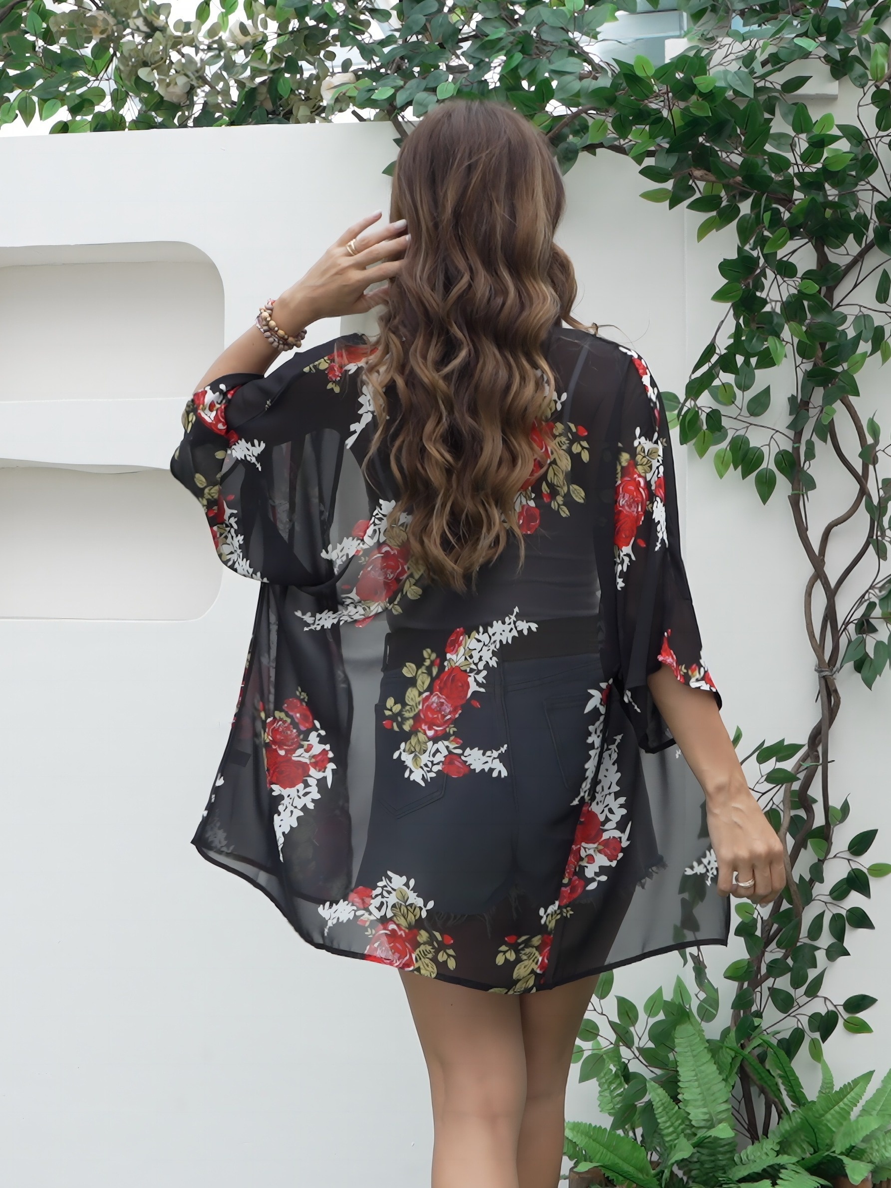 plus size floral print open front kimono casual 3 4 sleeve cover up kimono for spring summer womens plus size clothing details 5