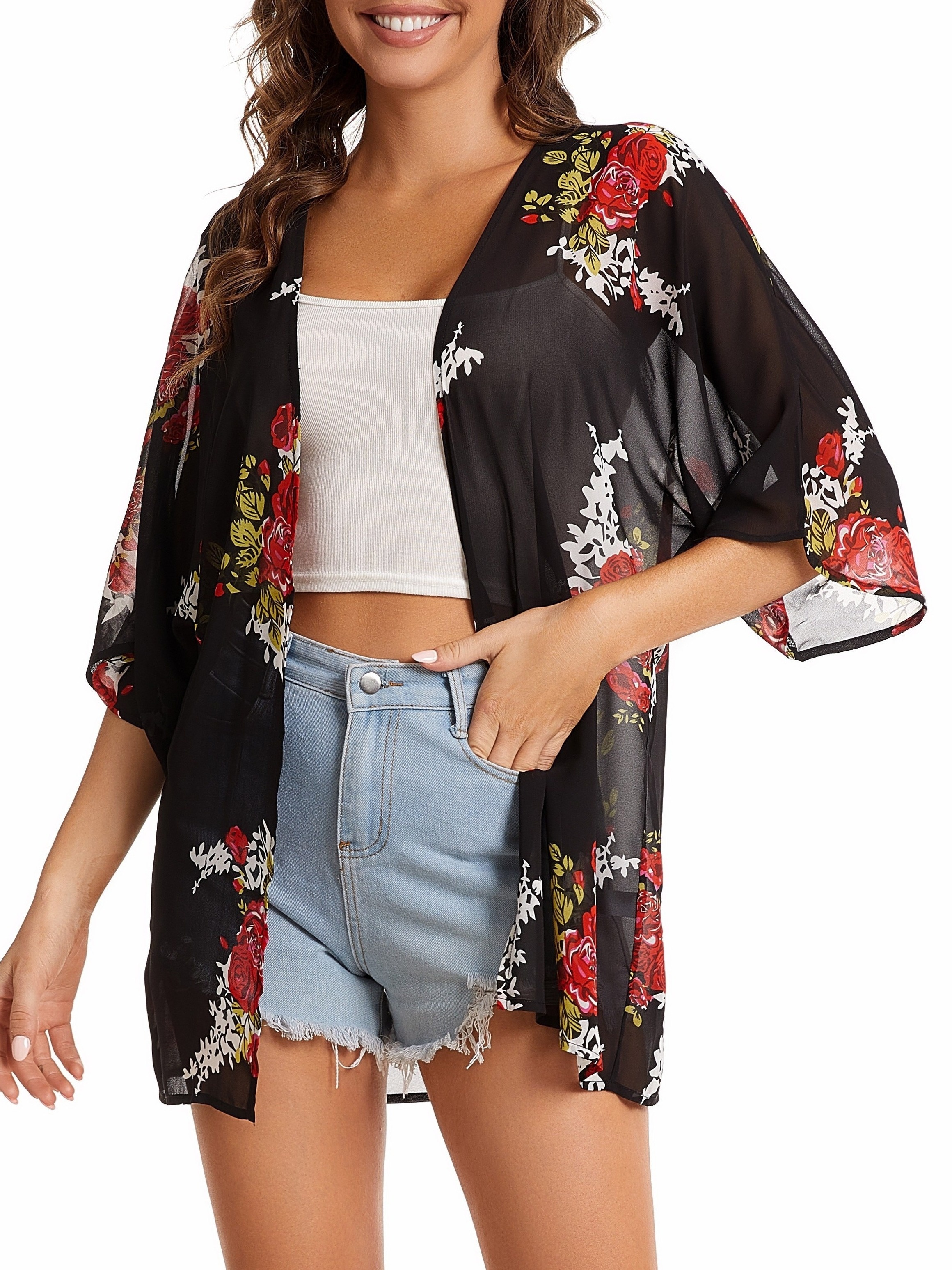 plus size floral print open front kimono casual 3 4 sleeve cover up kimono for spring summer womens plus size clothing details 7