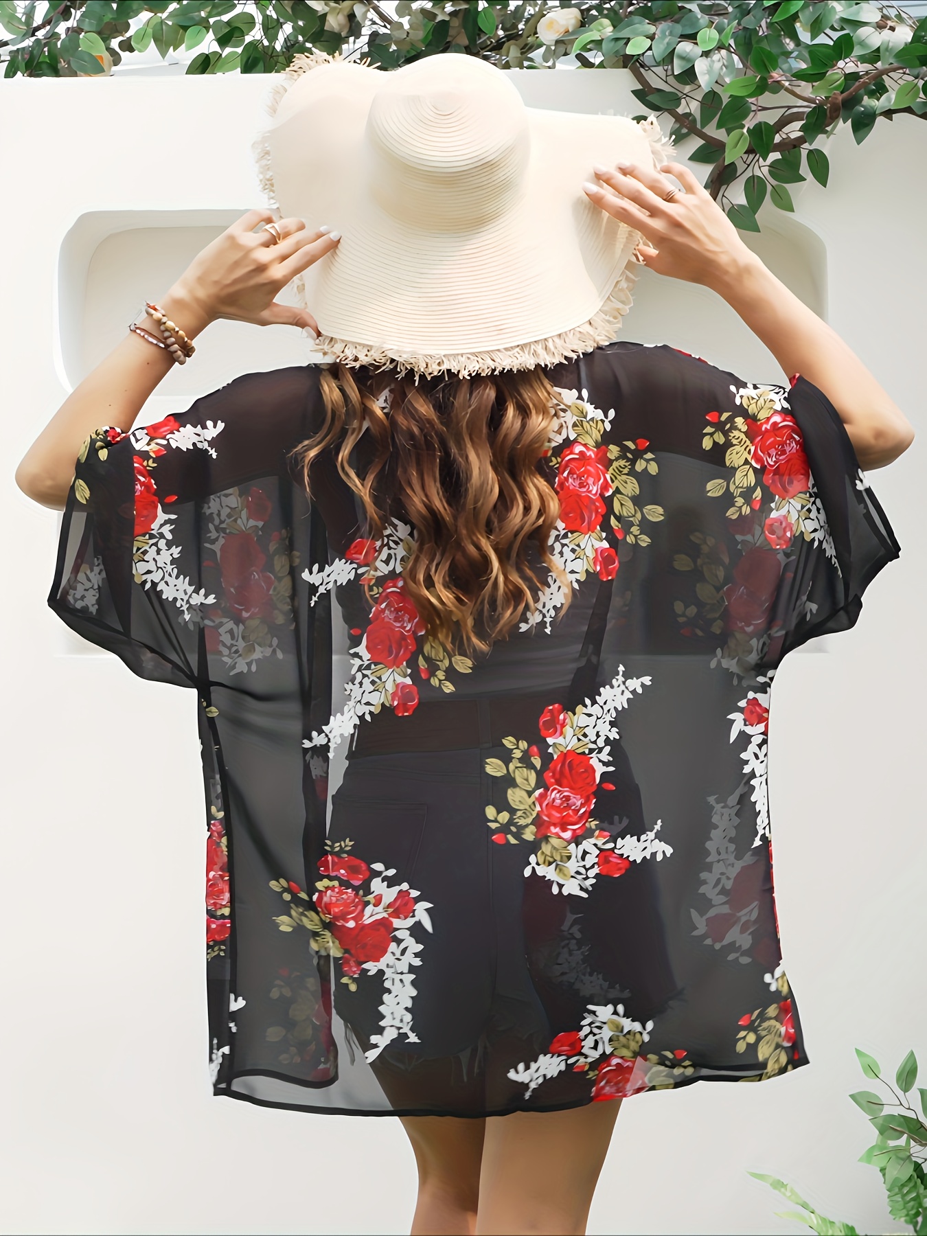 plus size floral print open front kimono casual 3 4 sleeve cover up kimono for spring summer womens plus size clothing details 8