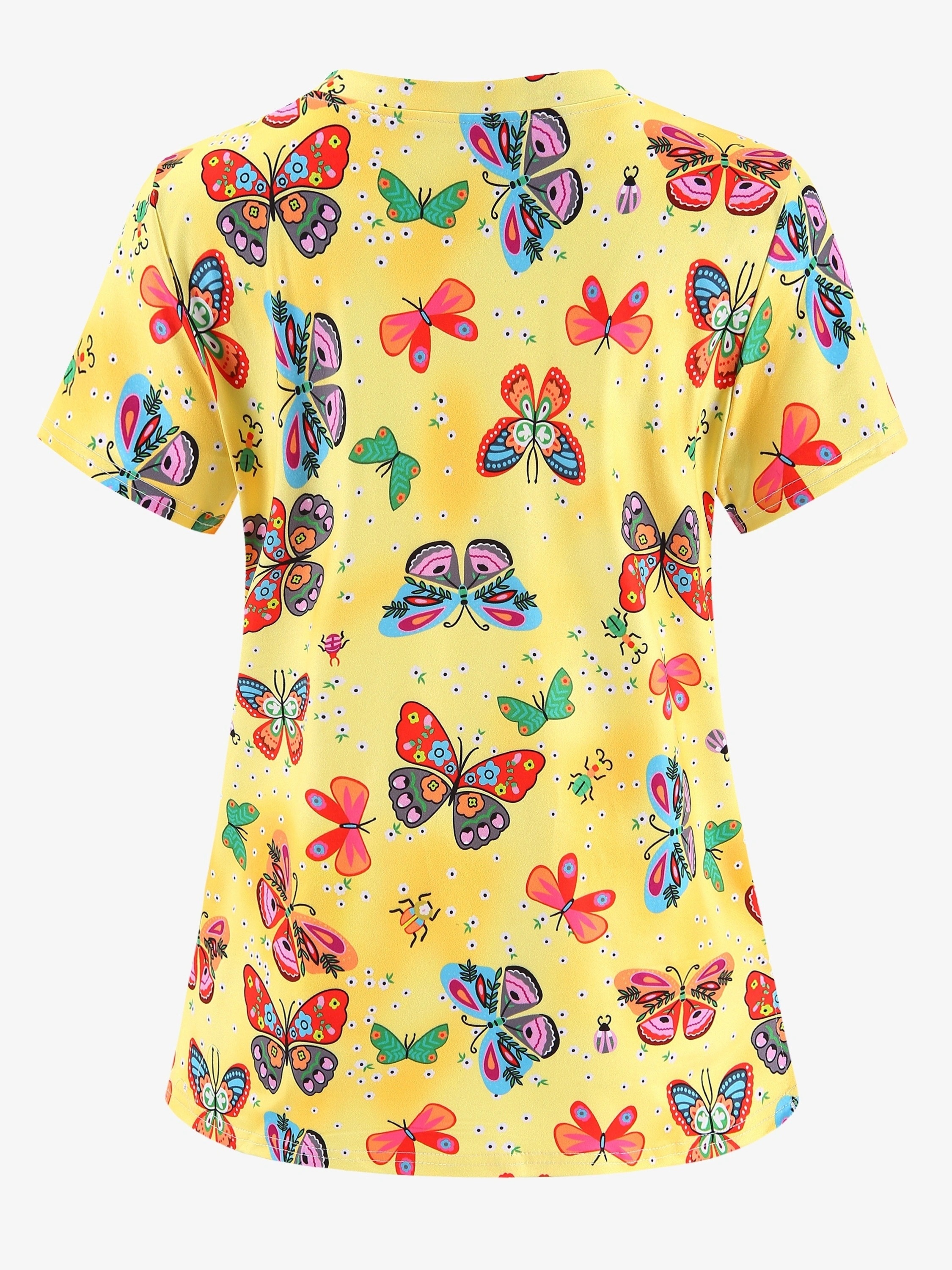 plus size colorful butterfly print stretchy dual pockets v neck top comfortable functional health care short sleeve uniform for nurse womens plus size clothing details 0