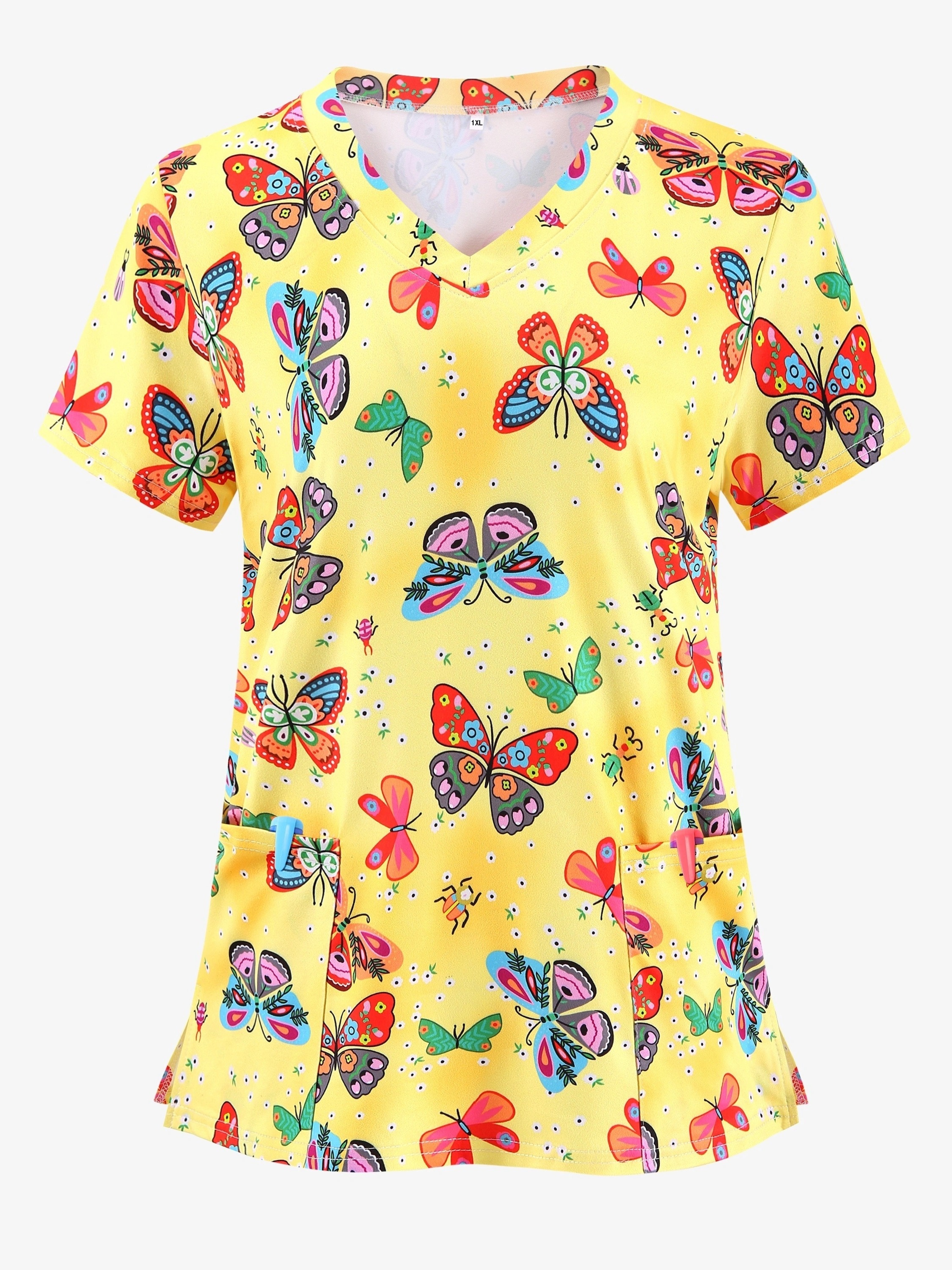 plus size colorful butterfly print stretchy dual pockets v neck top comfortable functional health care short sleeve uniform for nurse womens plus size clothing details 5