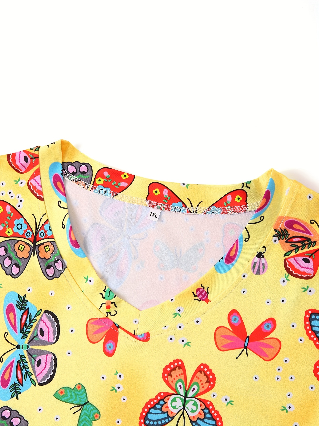 plus size colorful butterfly print stretchy dual pockets v neck top comfortable functional health care short sleeve uniform for nurse womens plus size clothing details 6