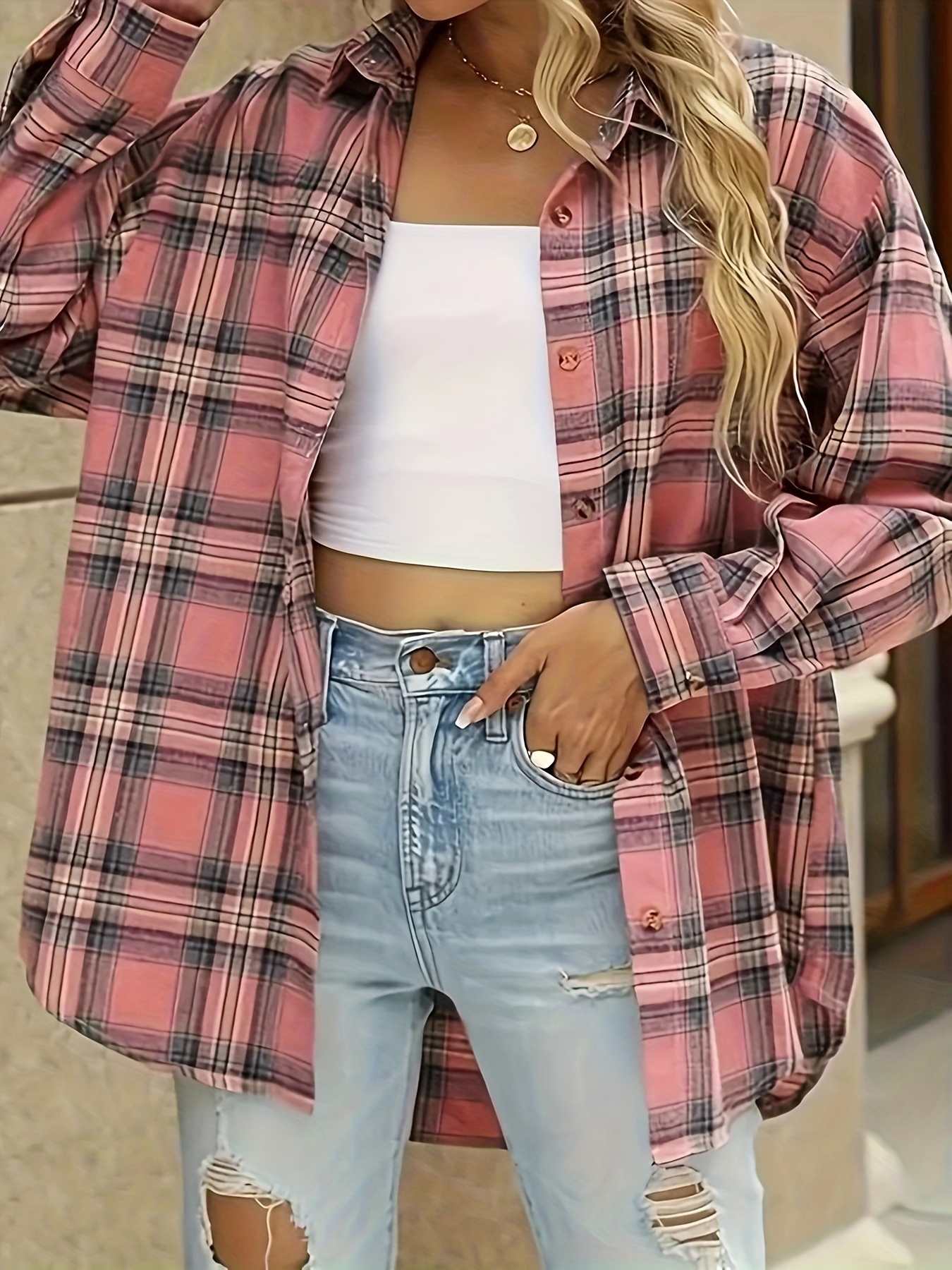 plus size plaid print shirt casual long sleeve   collar button front shirt womens plus size clothing details 1