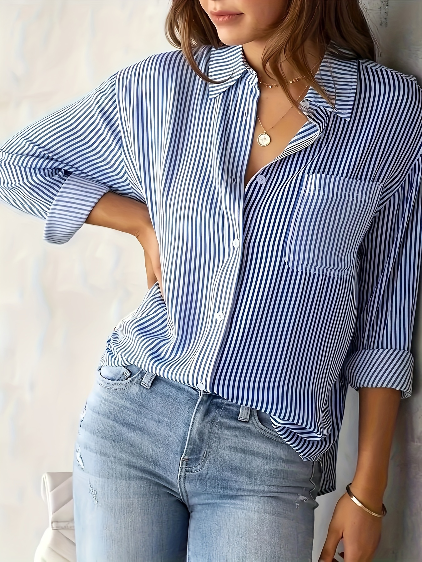 womens casual blouse plus size stripe print long sleeve button up lapel collar shirt top details 1