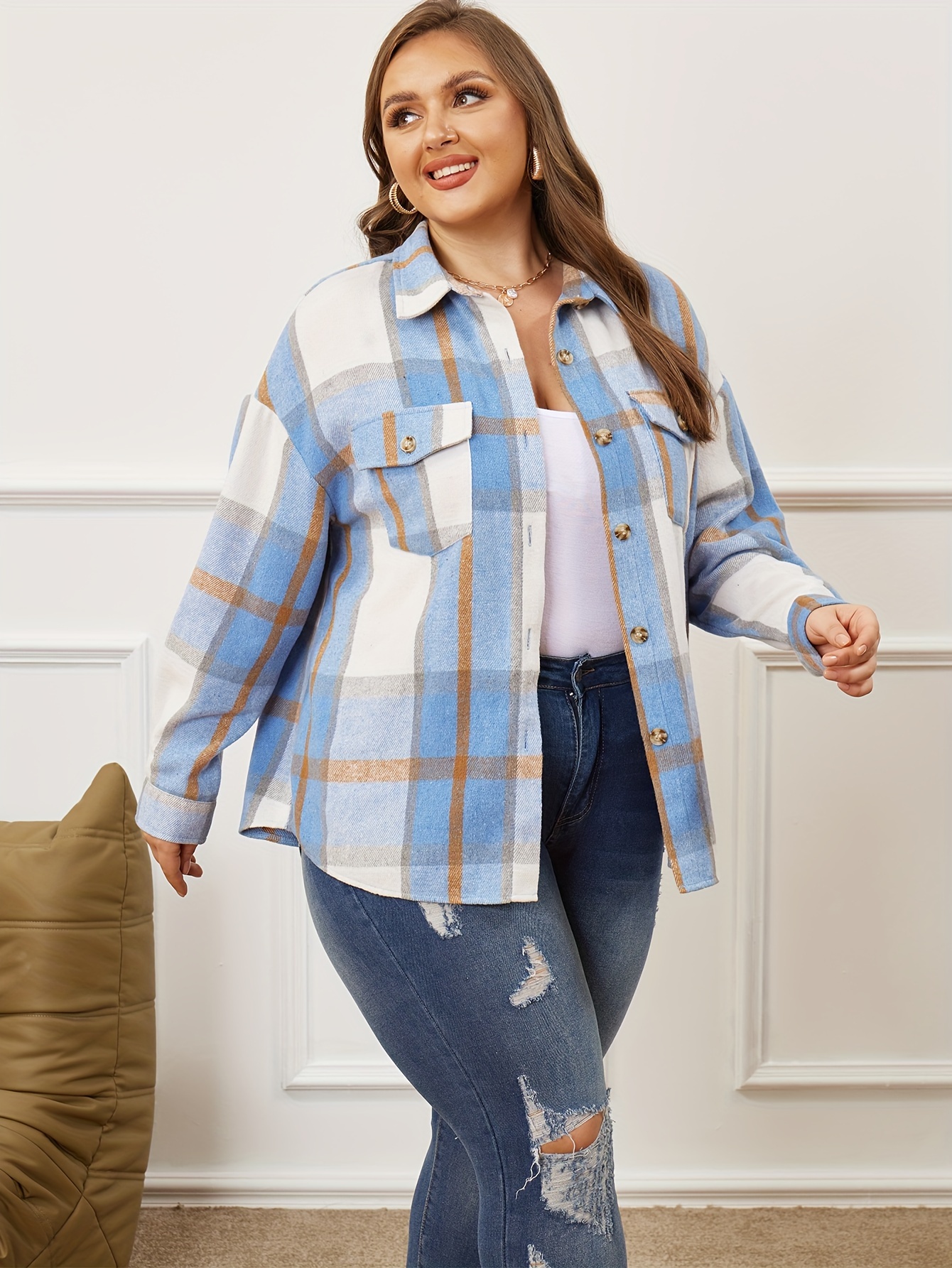 plus size casual blouse womens plus plaid print long sleeve button up lapel collar shirt top with flap pockets details 1