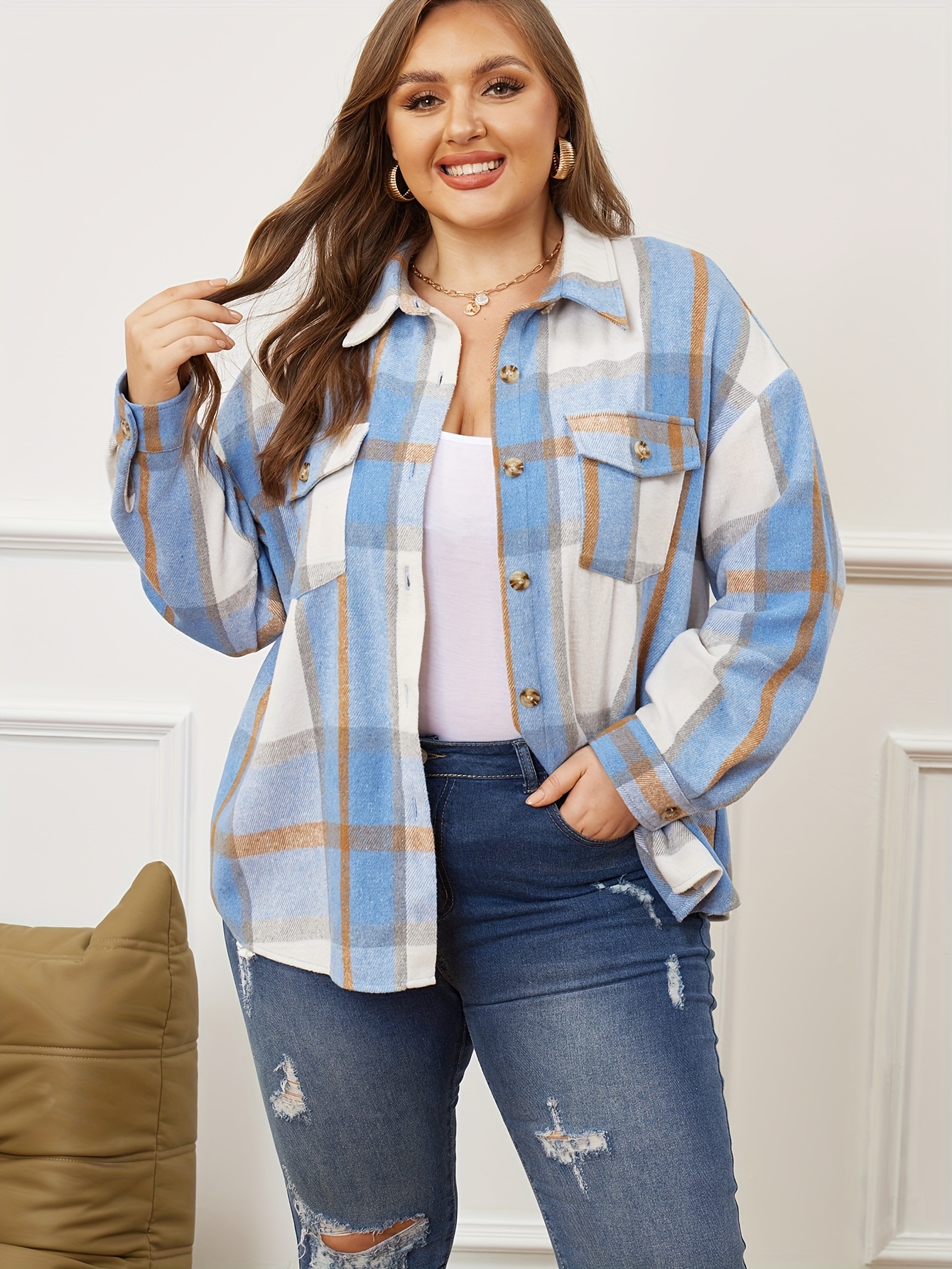 plus size casual blouse womens plus plaid print long sleeve button up lapel collar shirt top with flap pockets details 2