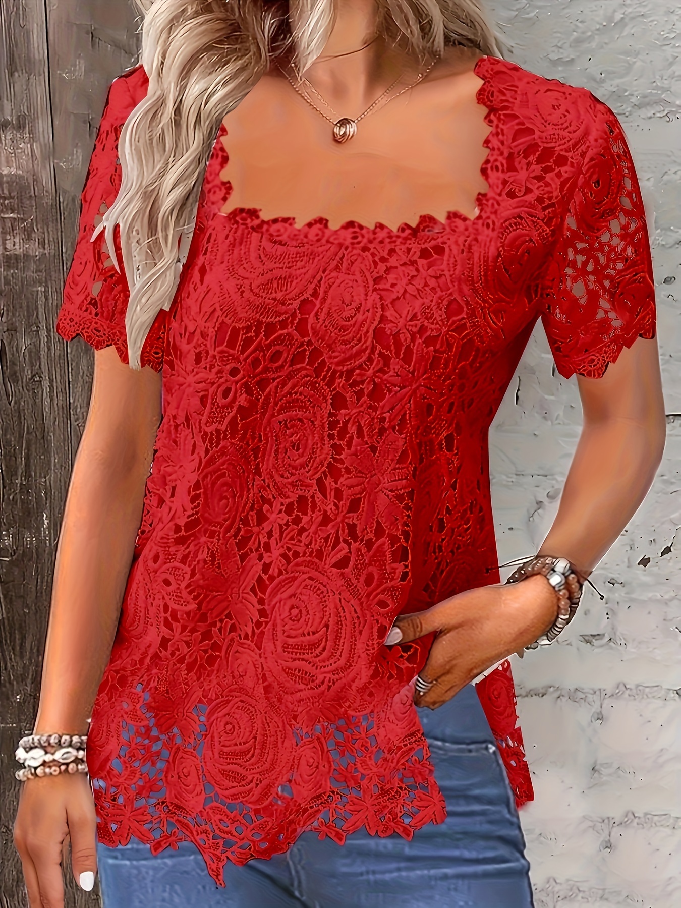 plus size lace stitching blouse elegant square neck short sleeve blouse for spring womens plus size clothing details 3