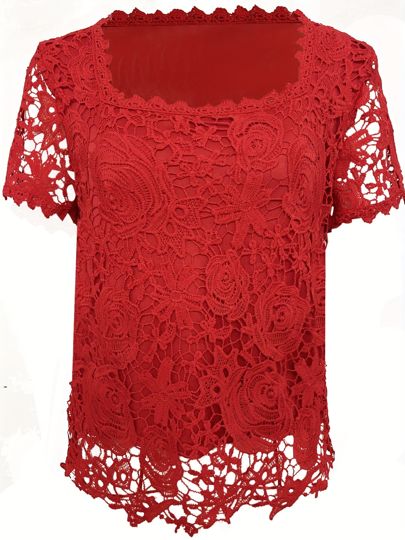 plus size lace stitching blouse elegant square neck short sleeve blouse for spring womens plus size clothing details 4