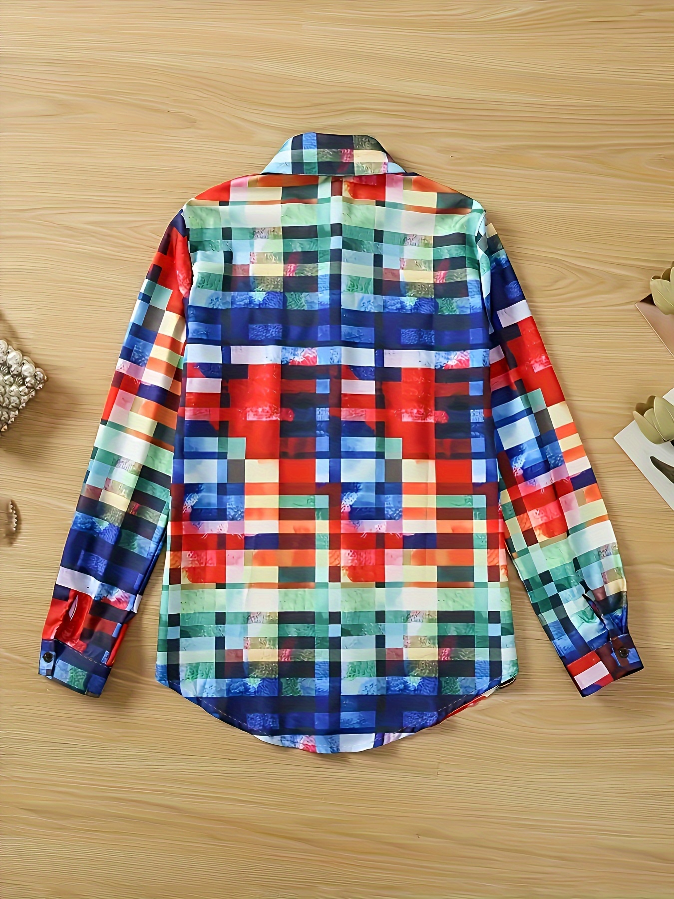 plus size ombre plaid button front shirt casual flap pocket long sleeve shirt for spring fall womens plus size clothing details 0