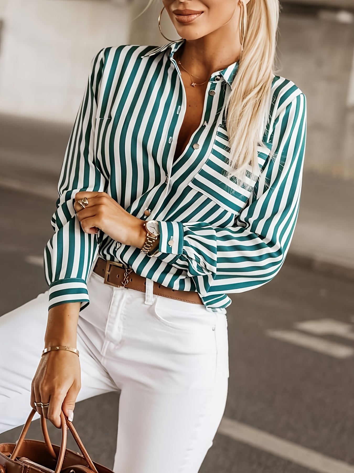 plus size casual blouse womens plus stripe print long sleeve button up lapel collar shirt top details 3