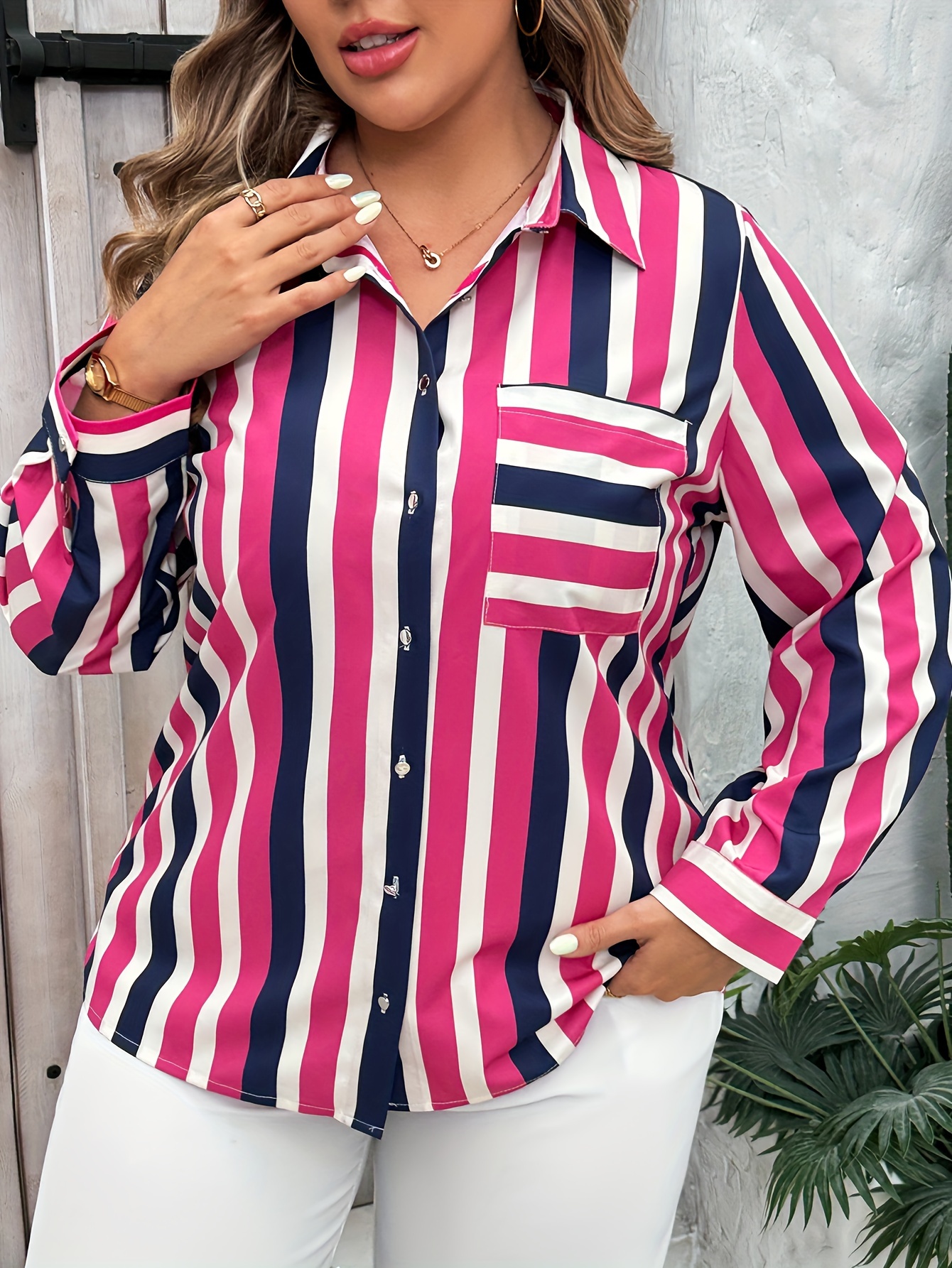 plus size casual blouse womens plus stripe print long sleeve button up lapel collar shirt top details 19