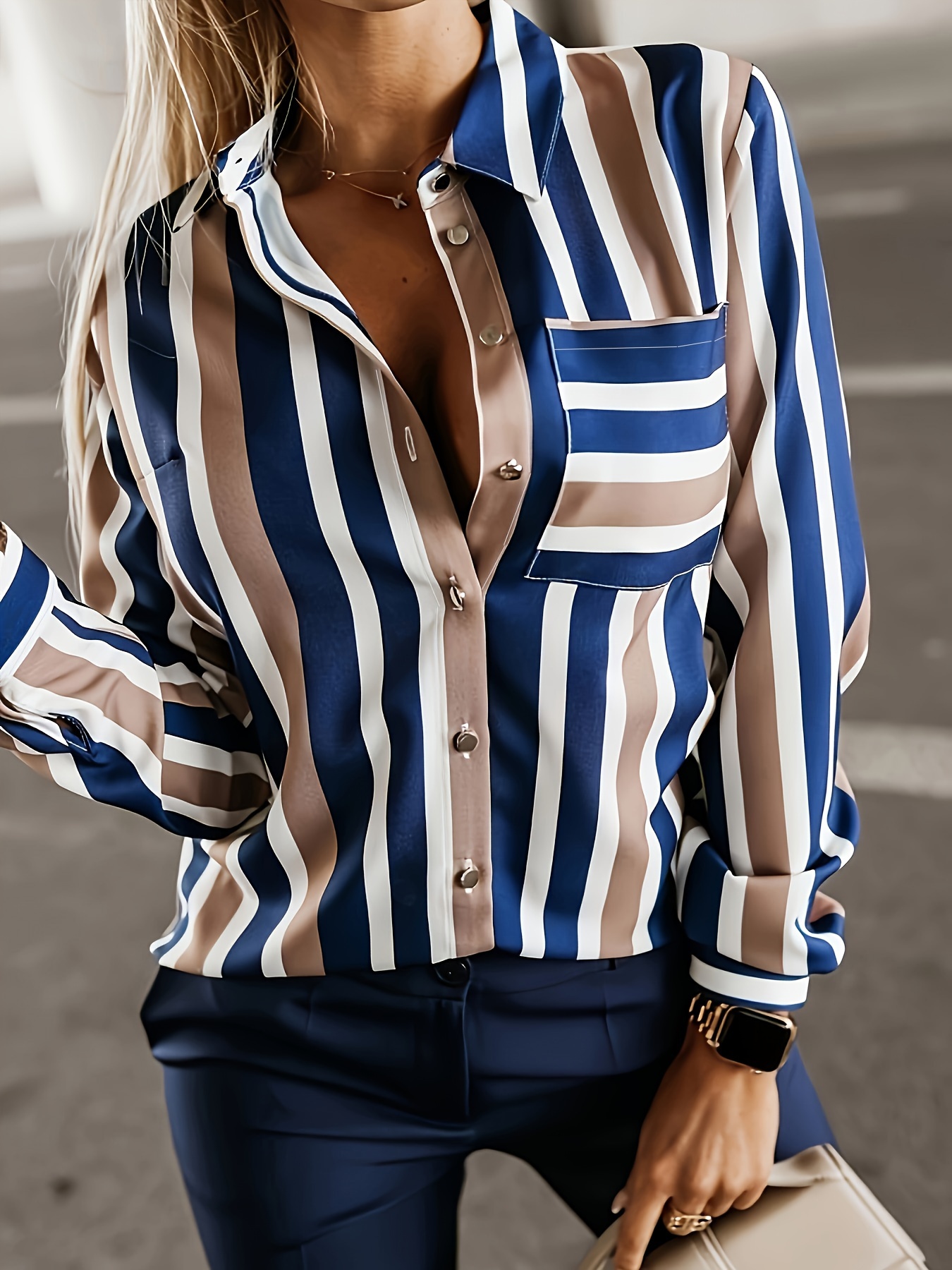 plus size casual blouse womens plus stripe print long sleeve button up lapel collar shirt top details 25