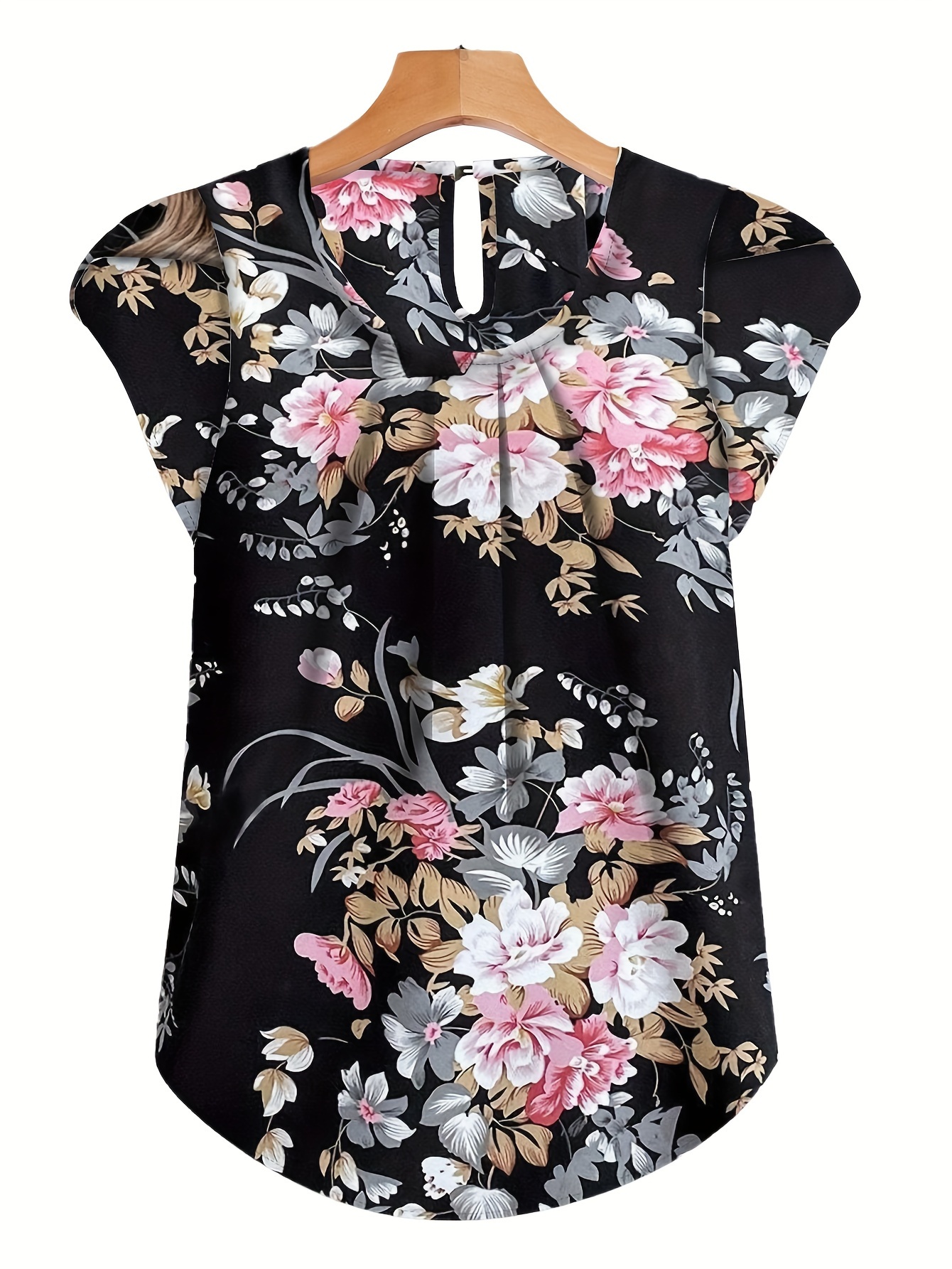 Plus Size Floral Print Blouse, Casual Ruched Crew Neck Cap Sleeve Blouse For Summer, Women s Plus Size Clothing details 0