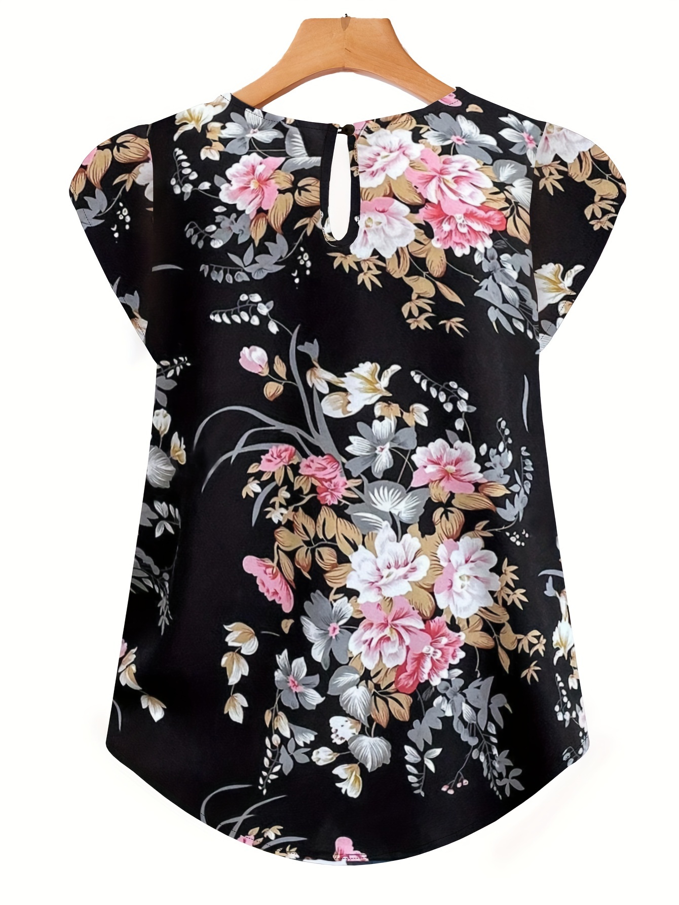 Plus Size Floral Print Blouse, Casual Ruched Crew Neck Cap Sleeve Blouse For Summer, Women s Plus Size Clothing details 1