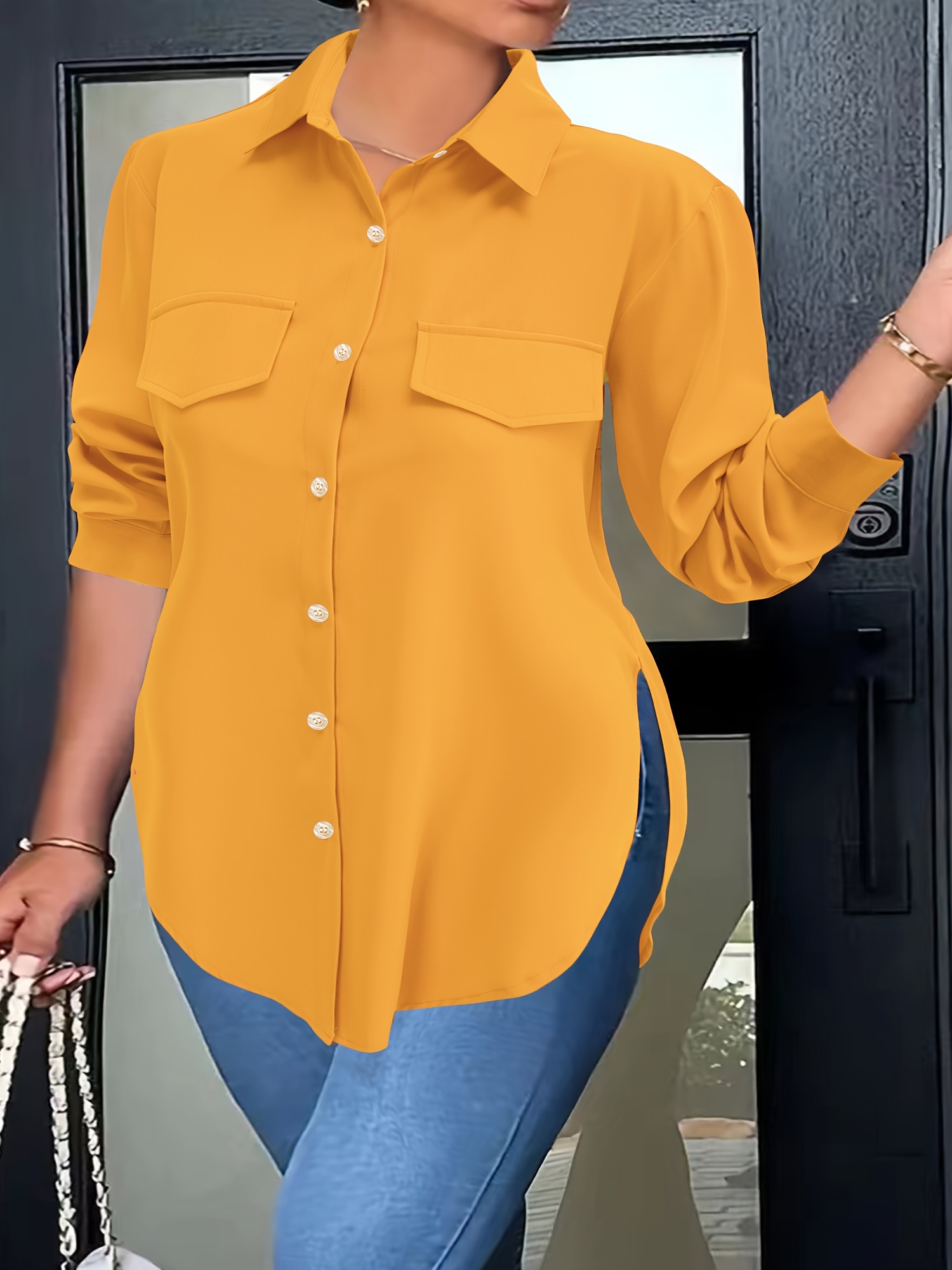 plus size curved hem blouse casual button front collared blouse for spring womens plus size clothing details 0