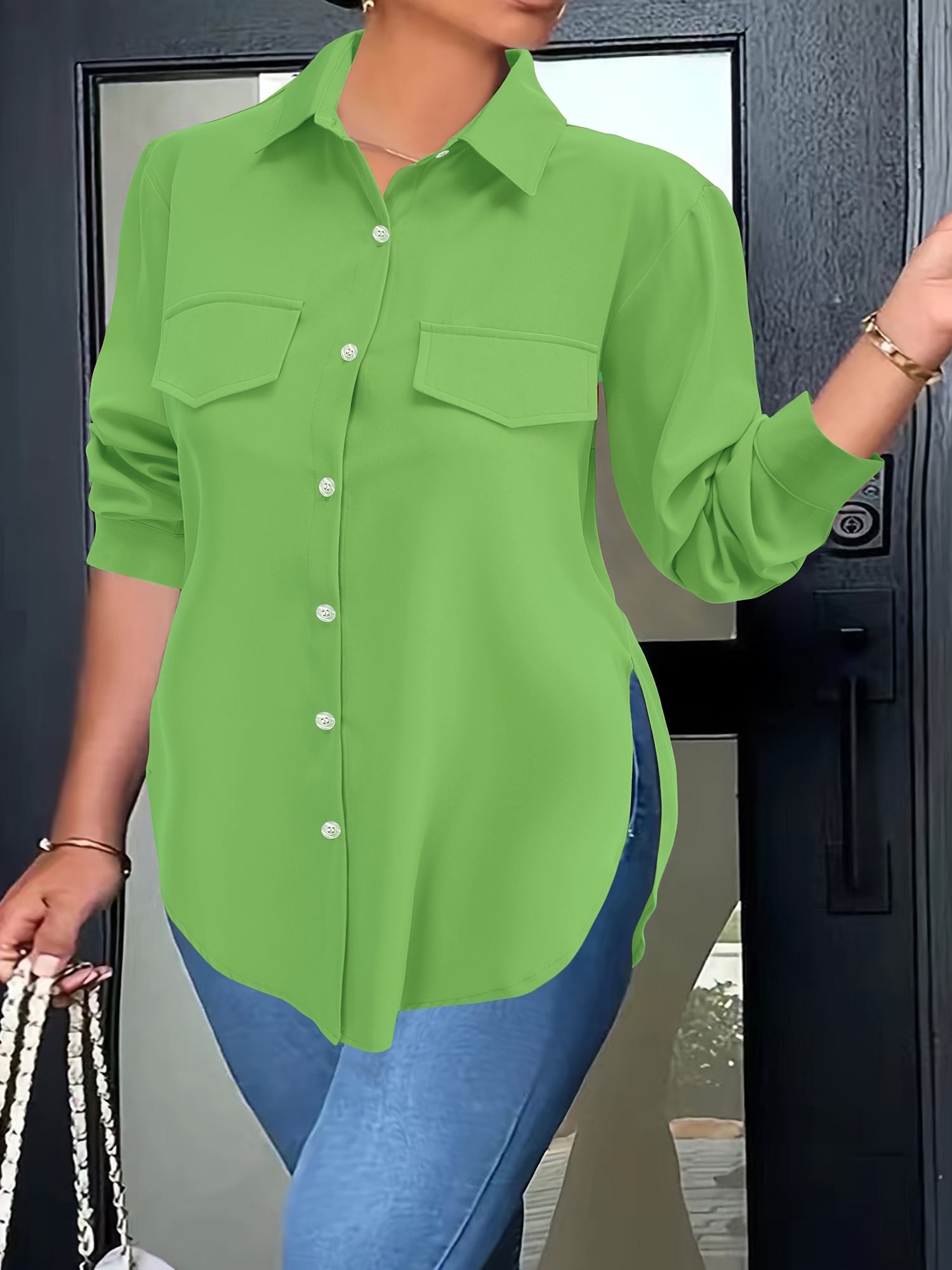 plus size curved hem blouse casual button front collared blouse for spring womens plus size clothing details 3