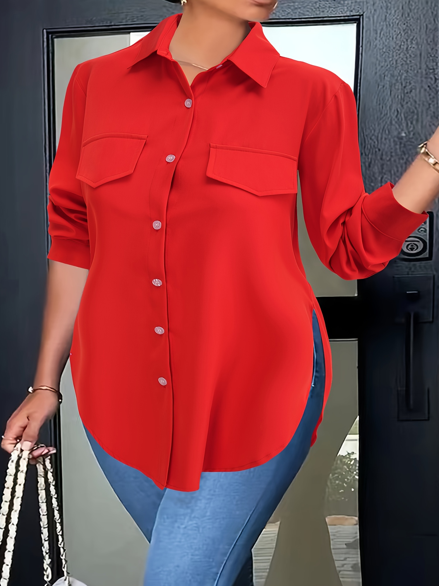 plus size curved hem blouse casual button front collared blouse for spring womens plus size clothing details 12