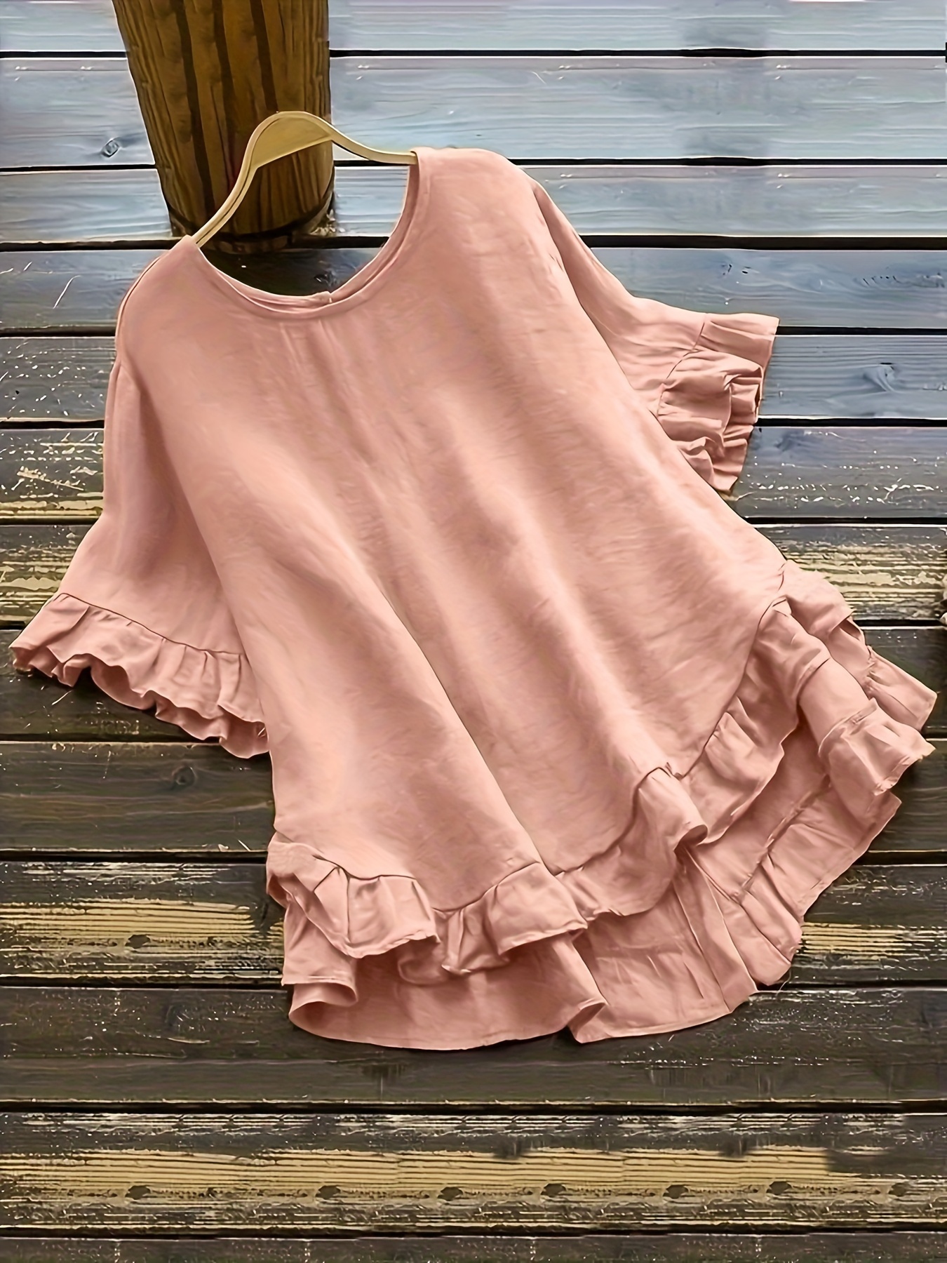 plus size button decor ruffle hem dress casual short sleeve dress for spring summer womens plus size clothing details 0