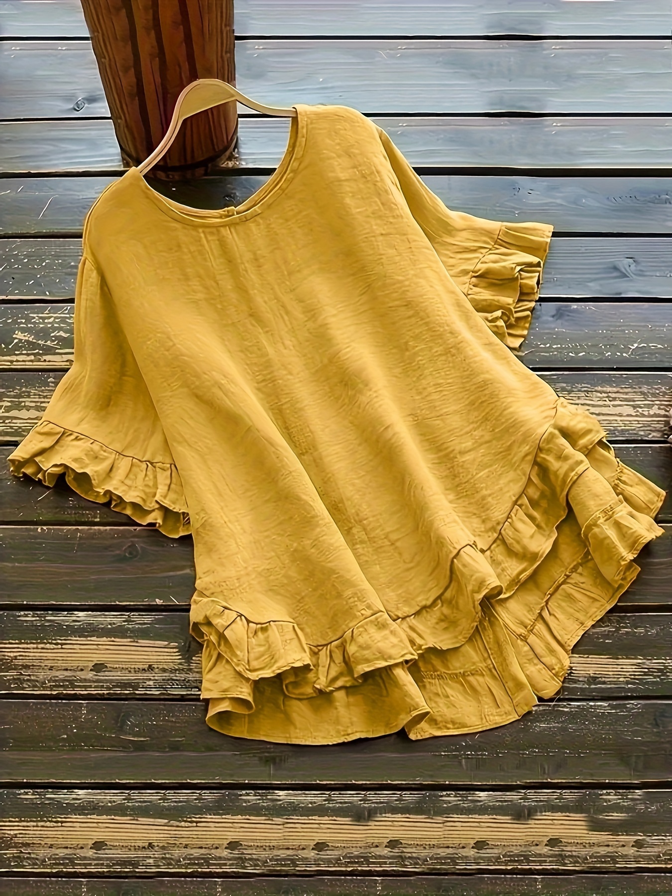 plus size button decor ruffle hem dress casual short sleeve dress for spring summer womens plus size clothing details 11