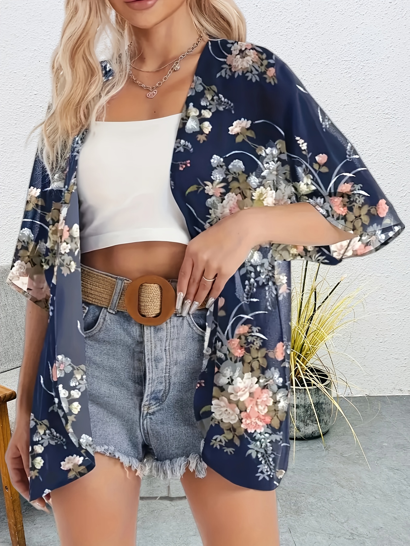 plus size floral print open front kimono casual cover up kimono for spring summer womens plus size clothing details 1