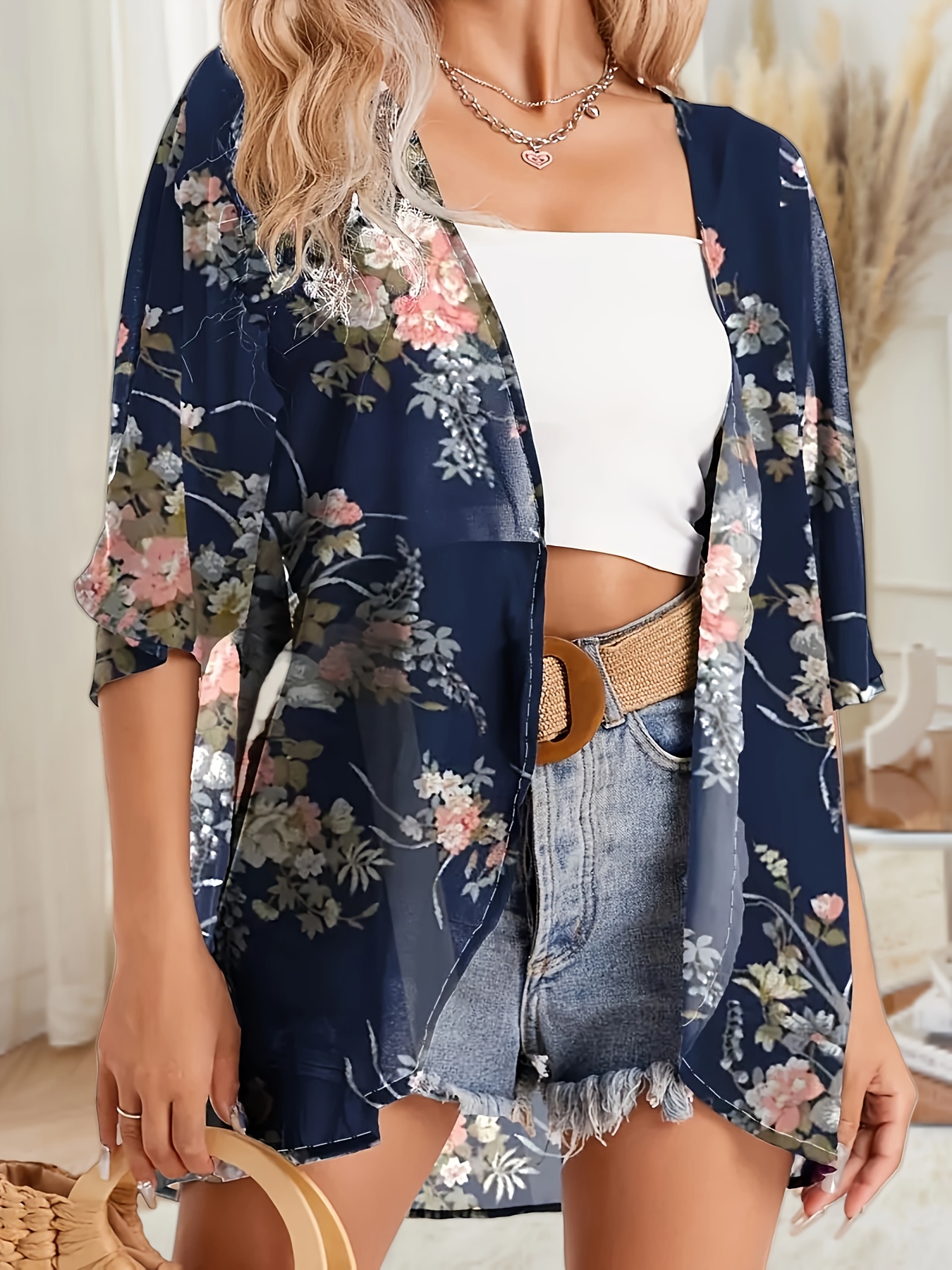 plus size floral print open front kimono casual cover up kimono for spring summer womens plus size clothing details 3