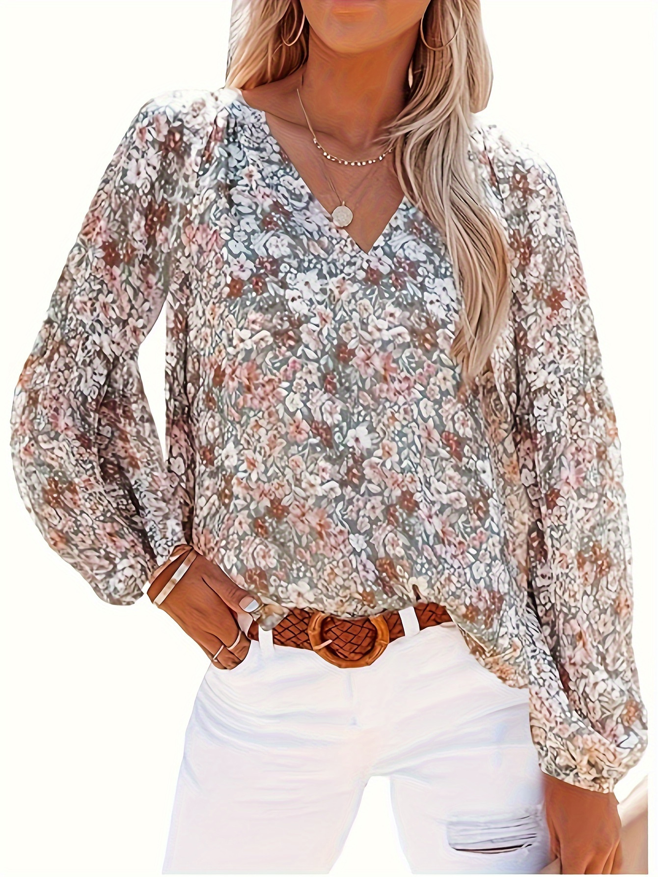 floral print v neck blouse elegant loose long sleeve blouse for spring fall womens clothing details 0