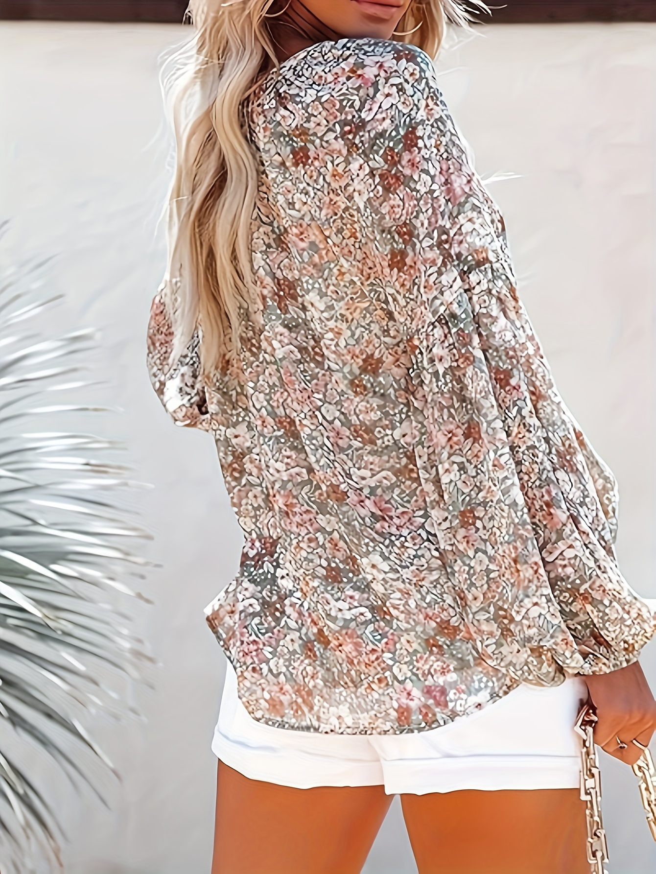 floral print v neck blouse elegant loose long sleeve blouse for spring fall womens clothing details 2