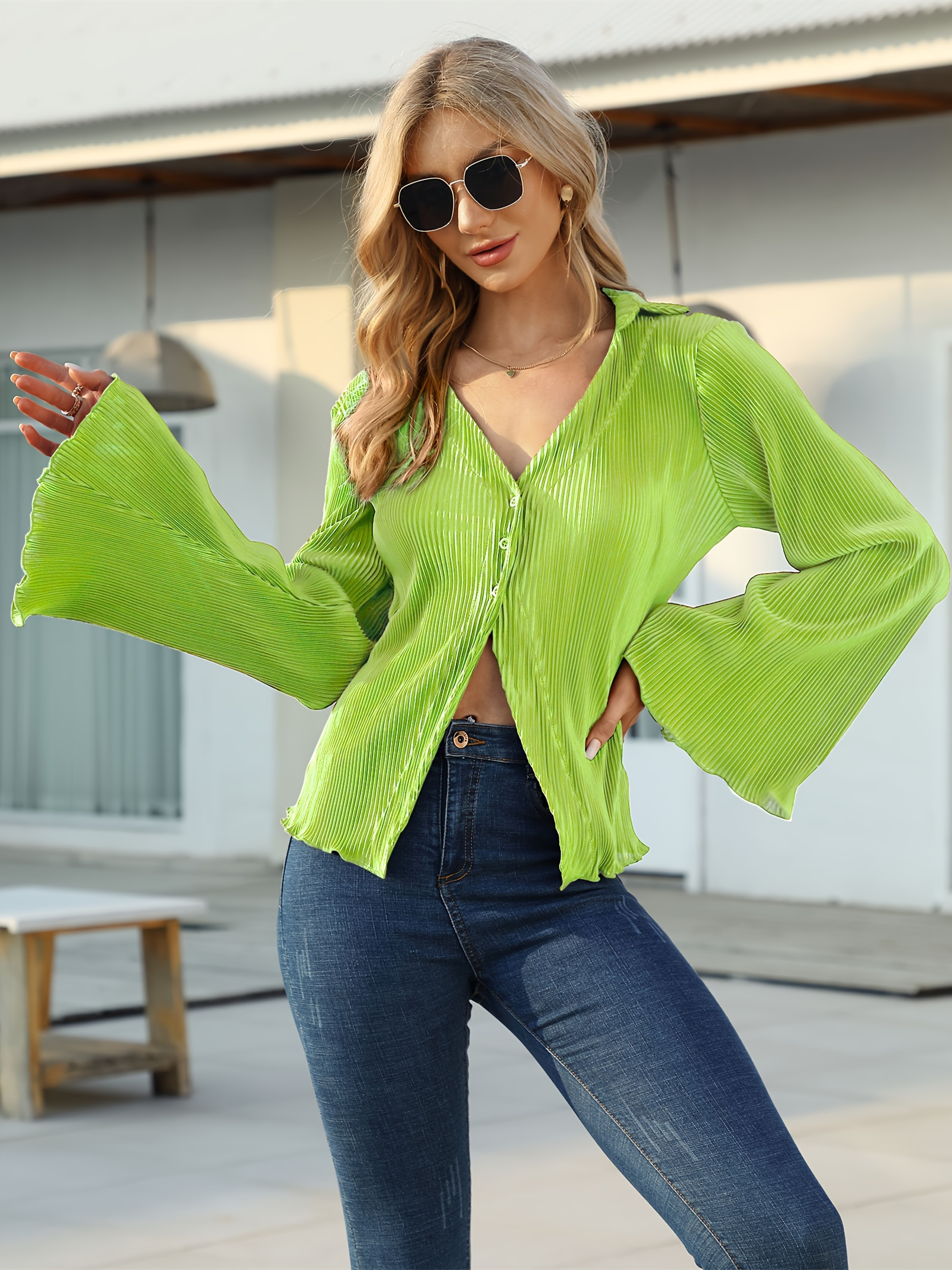 textured button front collared blouse elegant bell sleeve lettuce trim blouse womens clothing details 3