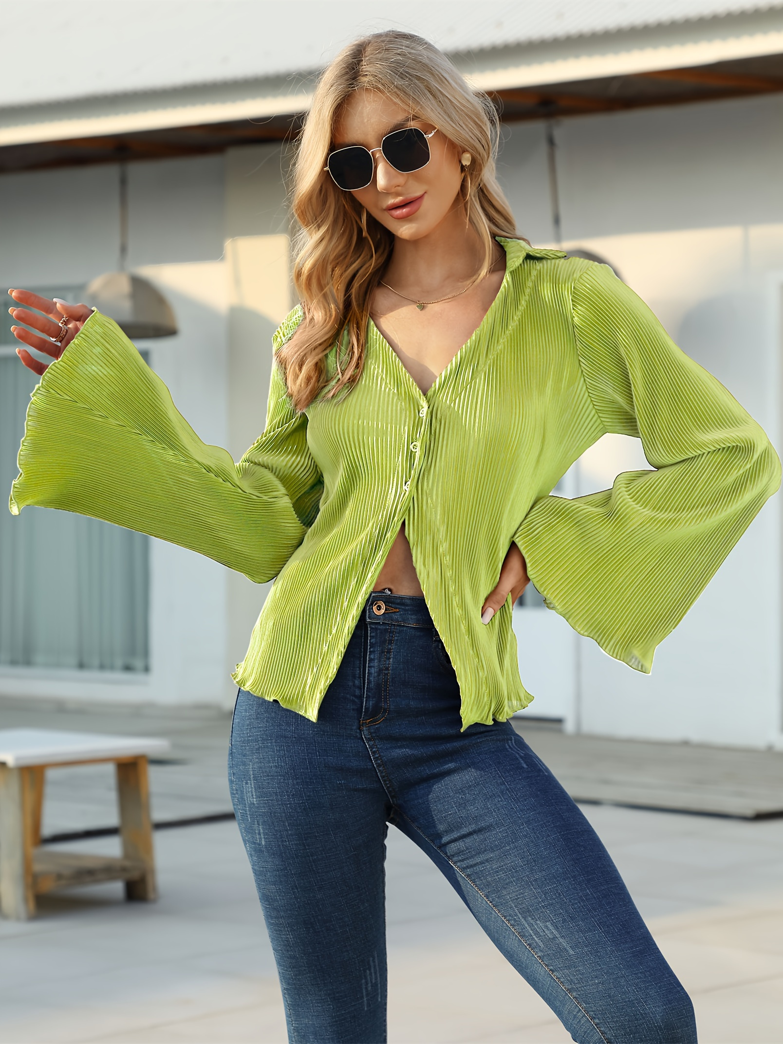 textured button front collared blouse elegant bell sleeve lettuce trim blouse womens clothing details 6