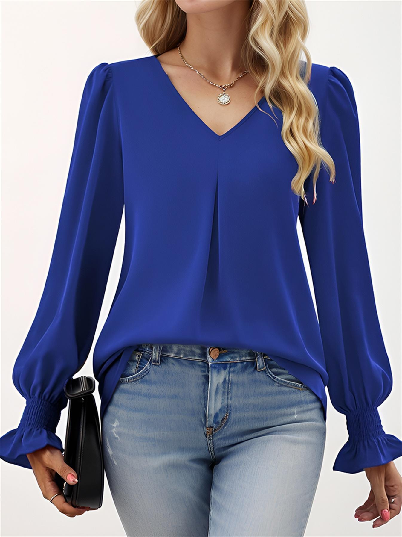 solid color v neck blouse casual loose long sleeve pleated blouse for spring fall womens clothing details 2