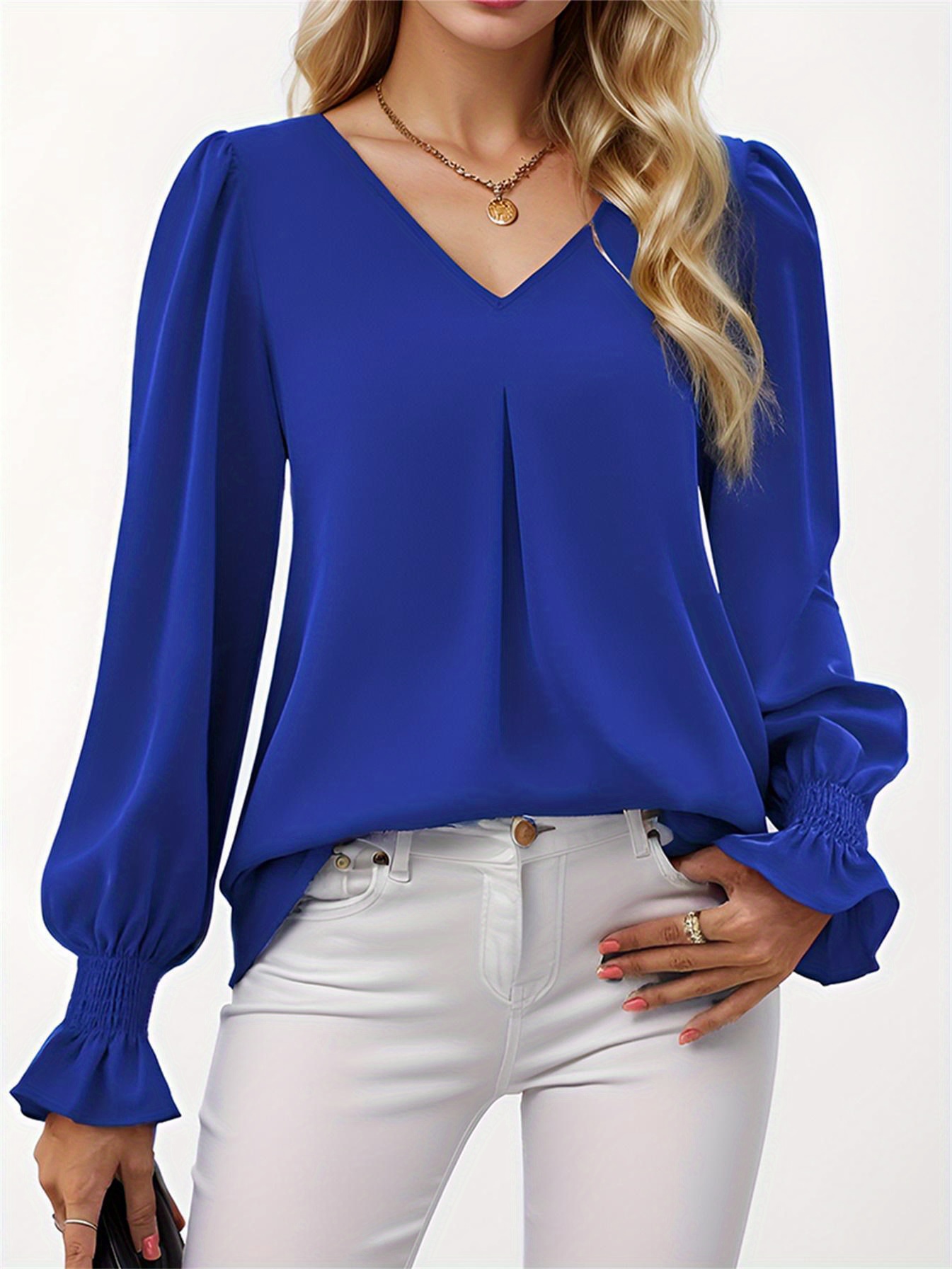 solid color v neck blouse casual loose long sleeve pleated blouse for spring fall womens clothing details 3