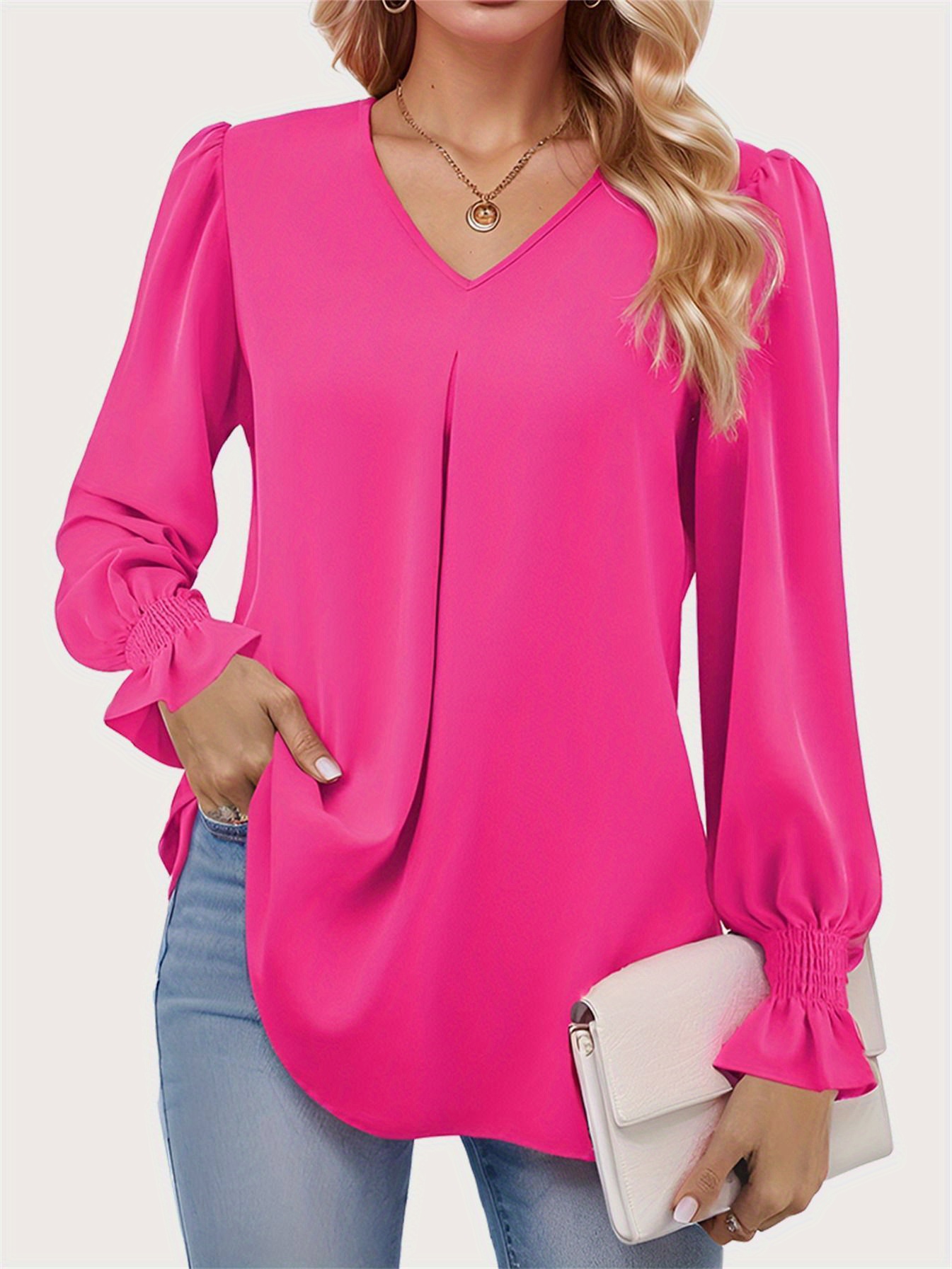 solid color v neck blouse casual loose long sleeve pleated blouse for spring fall womens clothing details 9