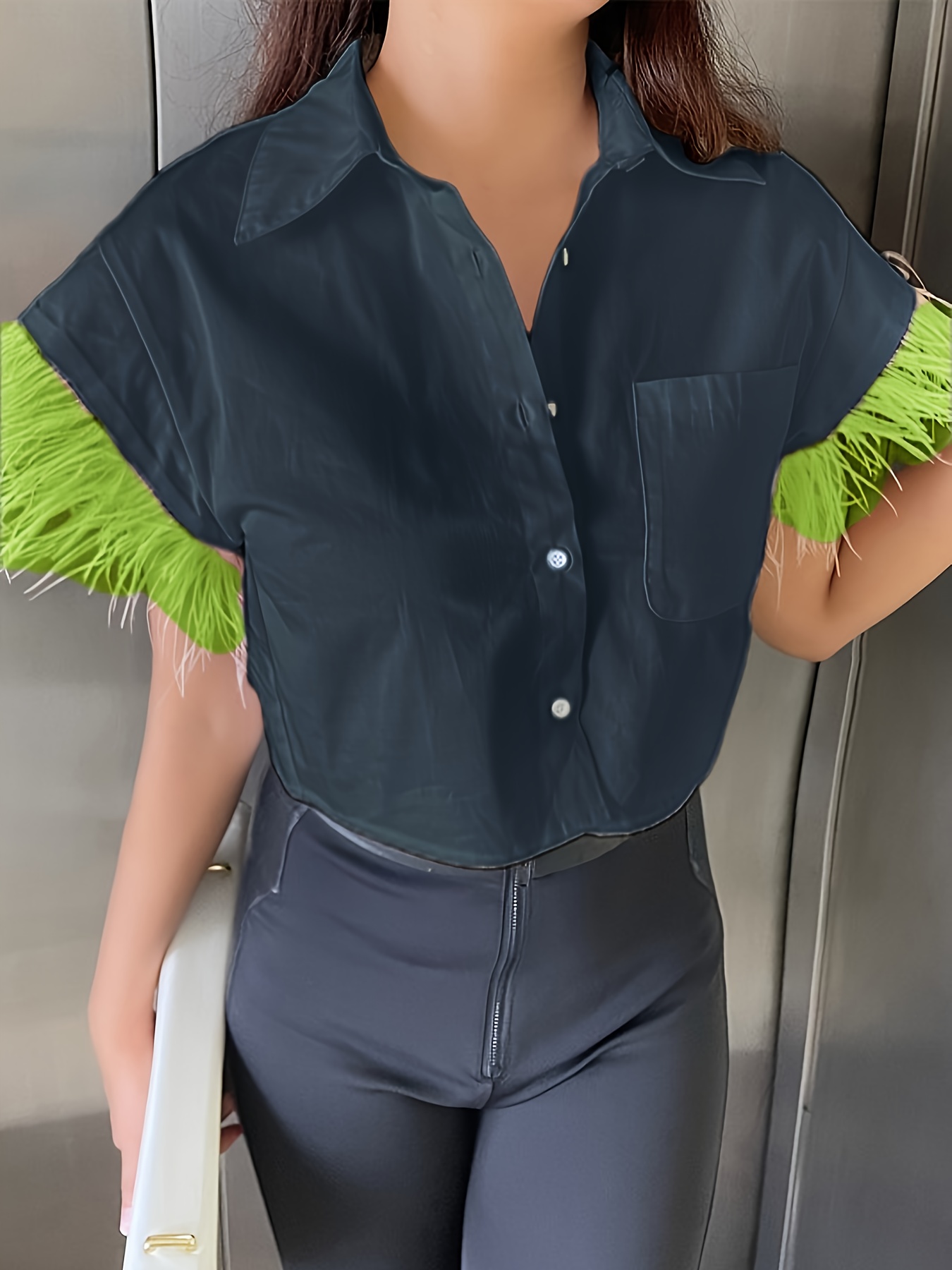 solid casual short sleeve feather cuff blouse comfy lapel button front pocket crop top perfect for spring summer womens clothing details 3