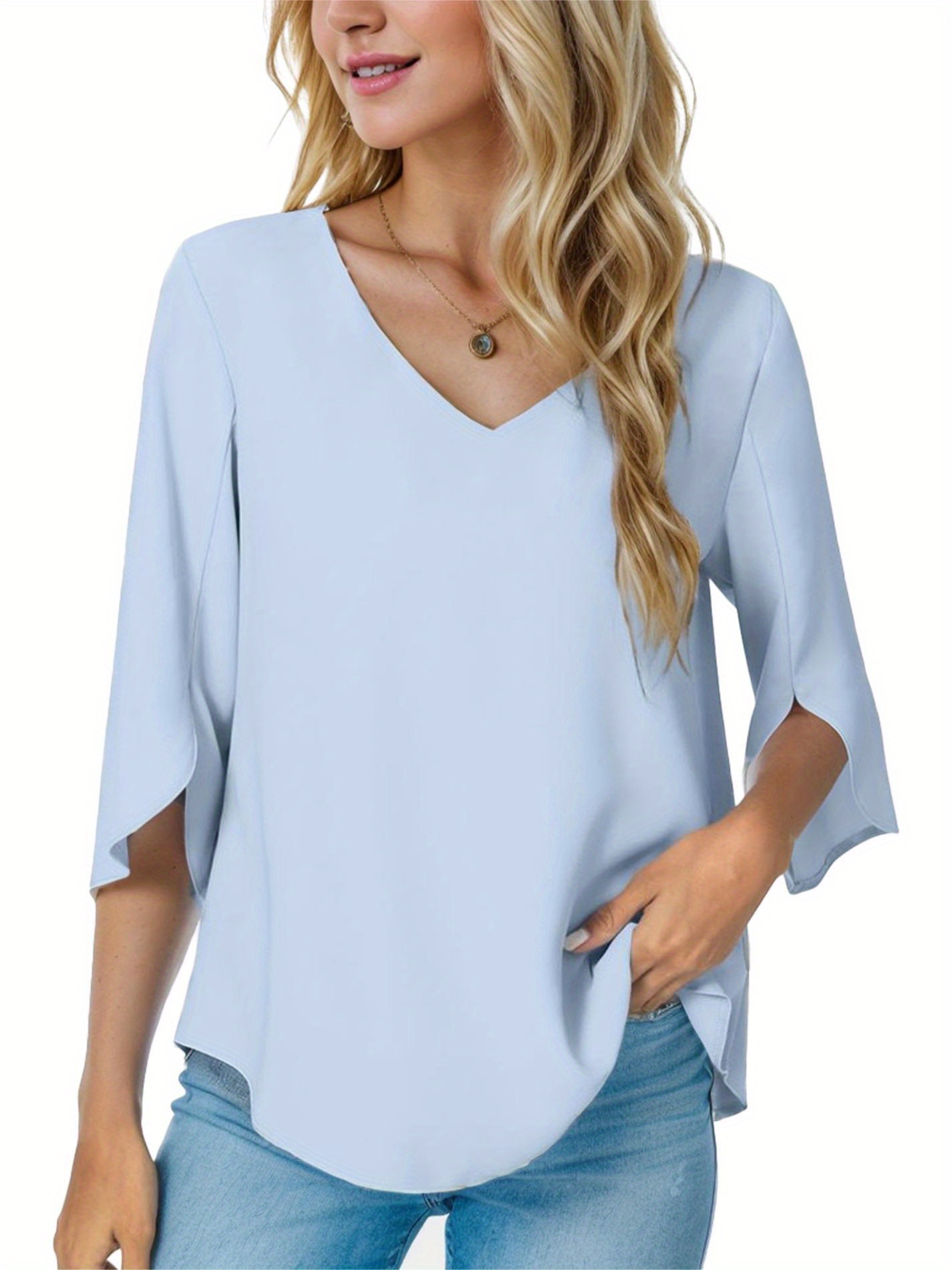 womens casual v neck loose tunic top 3 4 sleeve chiffon blouse shirt tops details 0