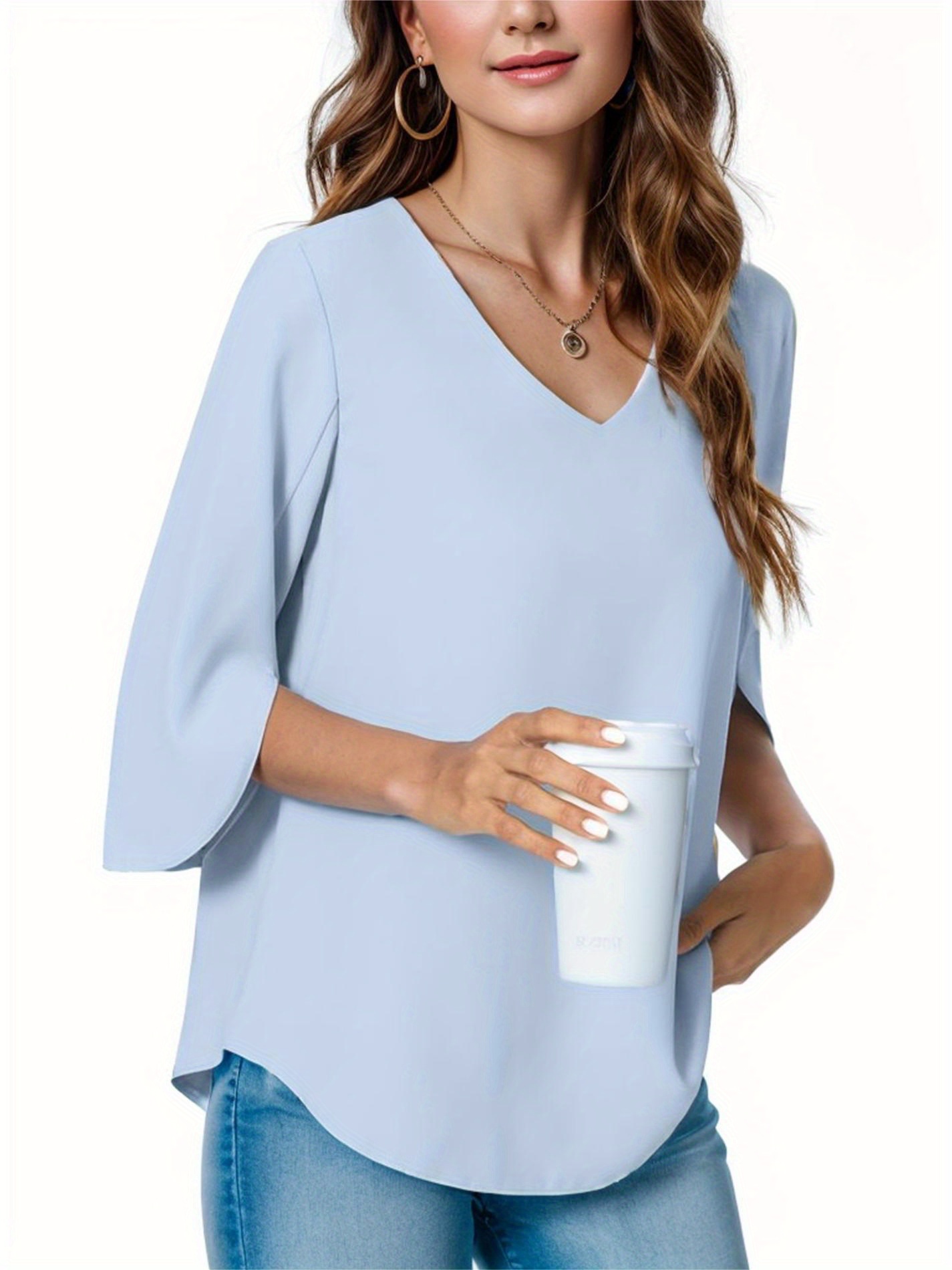 womens casual v neck loose tunic top 3 4 sleeve chiffon blouse shirt tops details 1