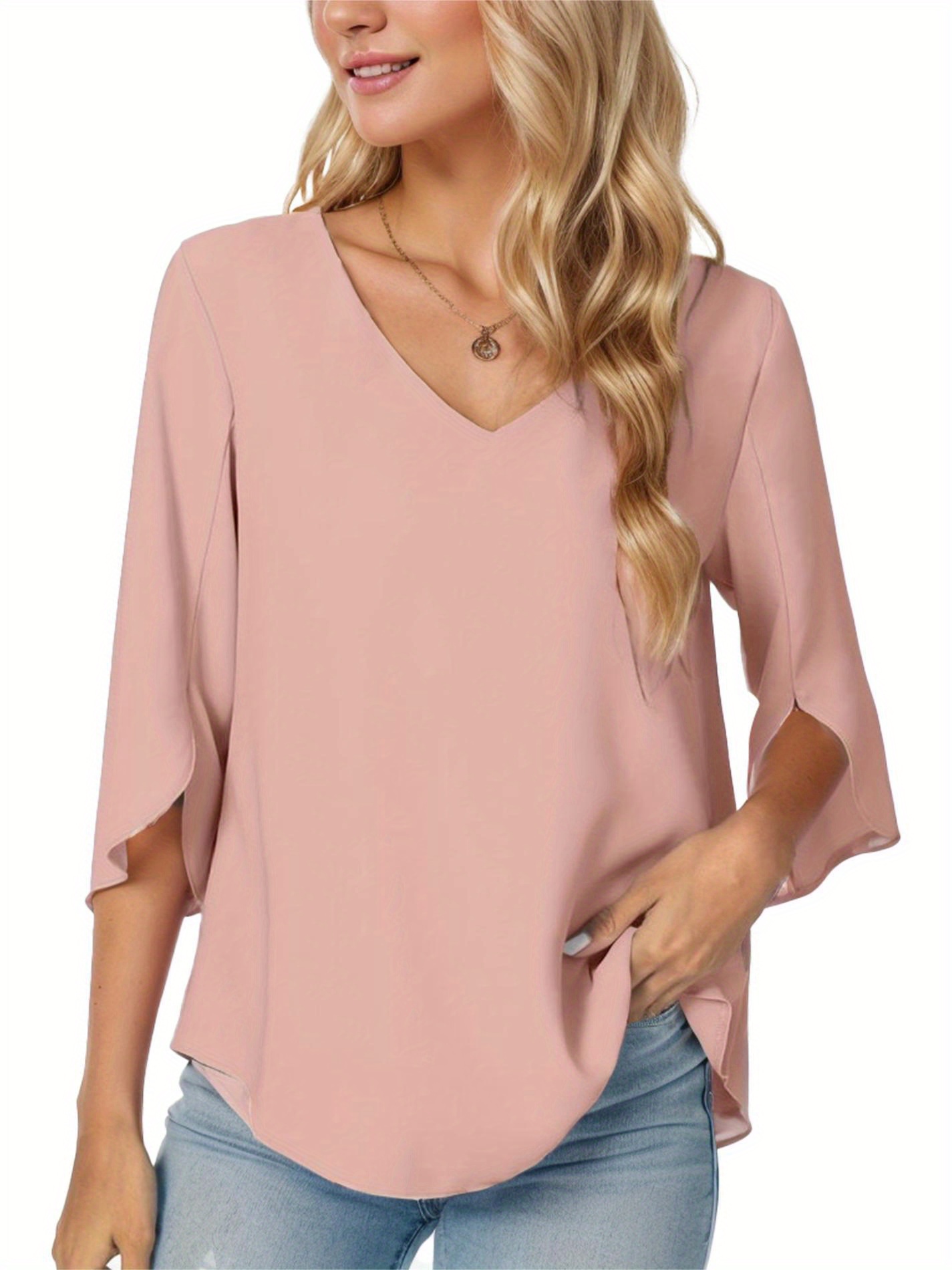 womens casual v neck loose tunic top 3 4 sleeve chiffon blouse shirt tops details 5