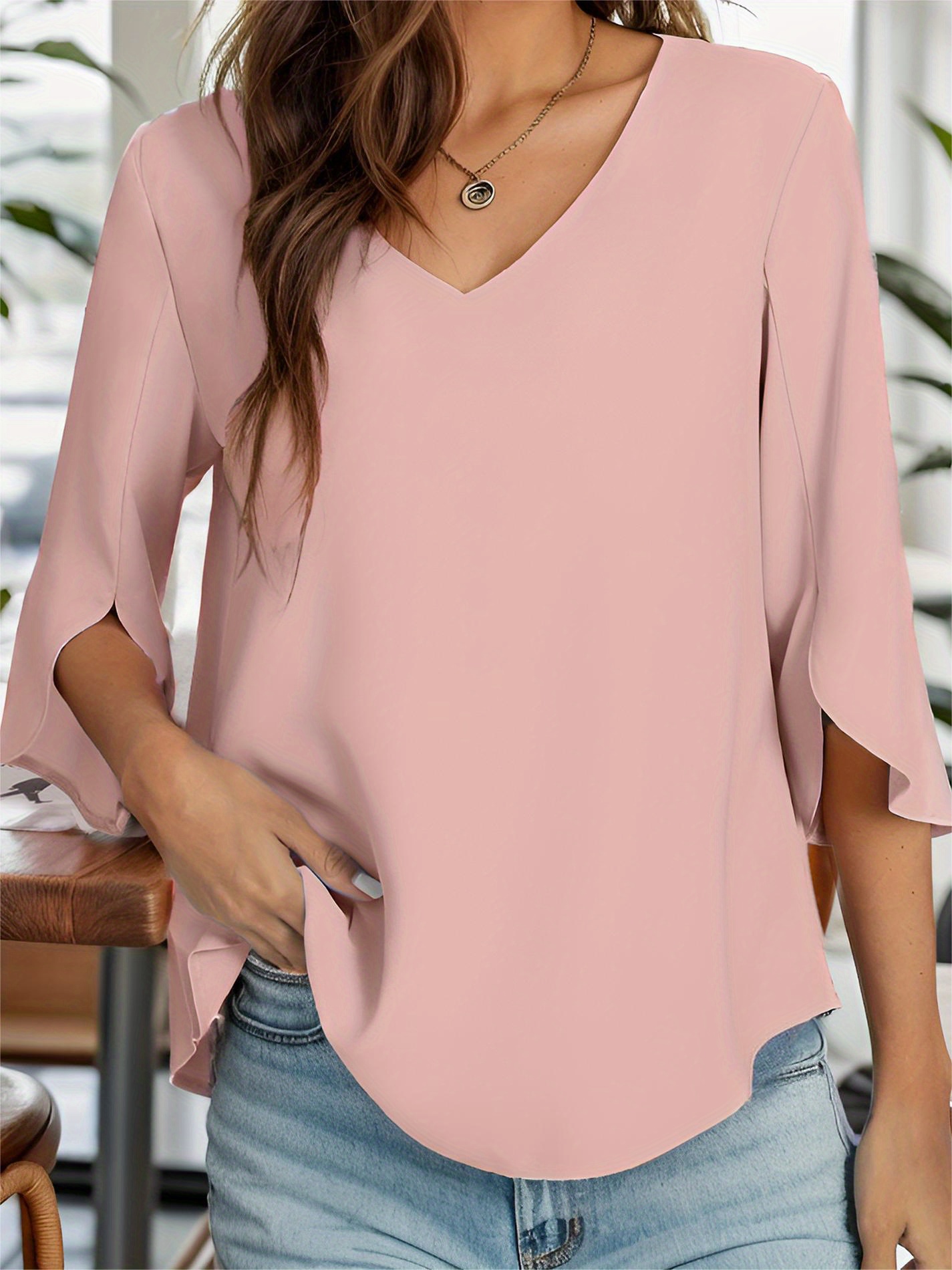 womens casual v neck loose tunic top 3 4 sleeve chiffon blouse shirt tops details 7