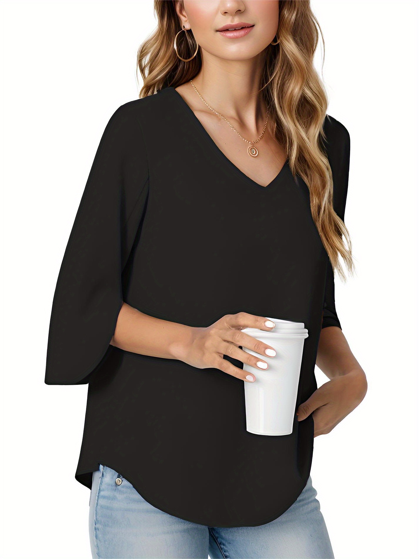 womens casual v neck loose tunic top 3 4 sleeve chiffon blouse shirt tops details 9