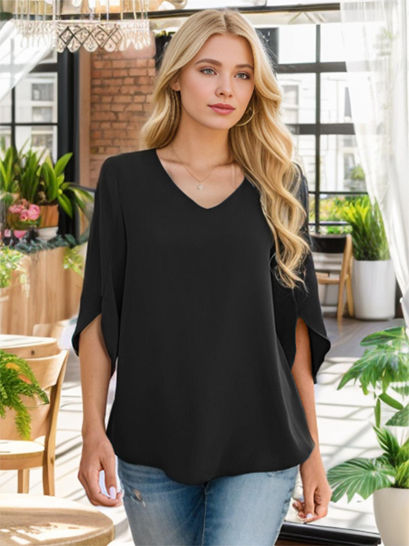 womens casual v neck loose tunic top 3 4 sleeve chiffon blouse shirt tops details 10