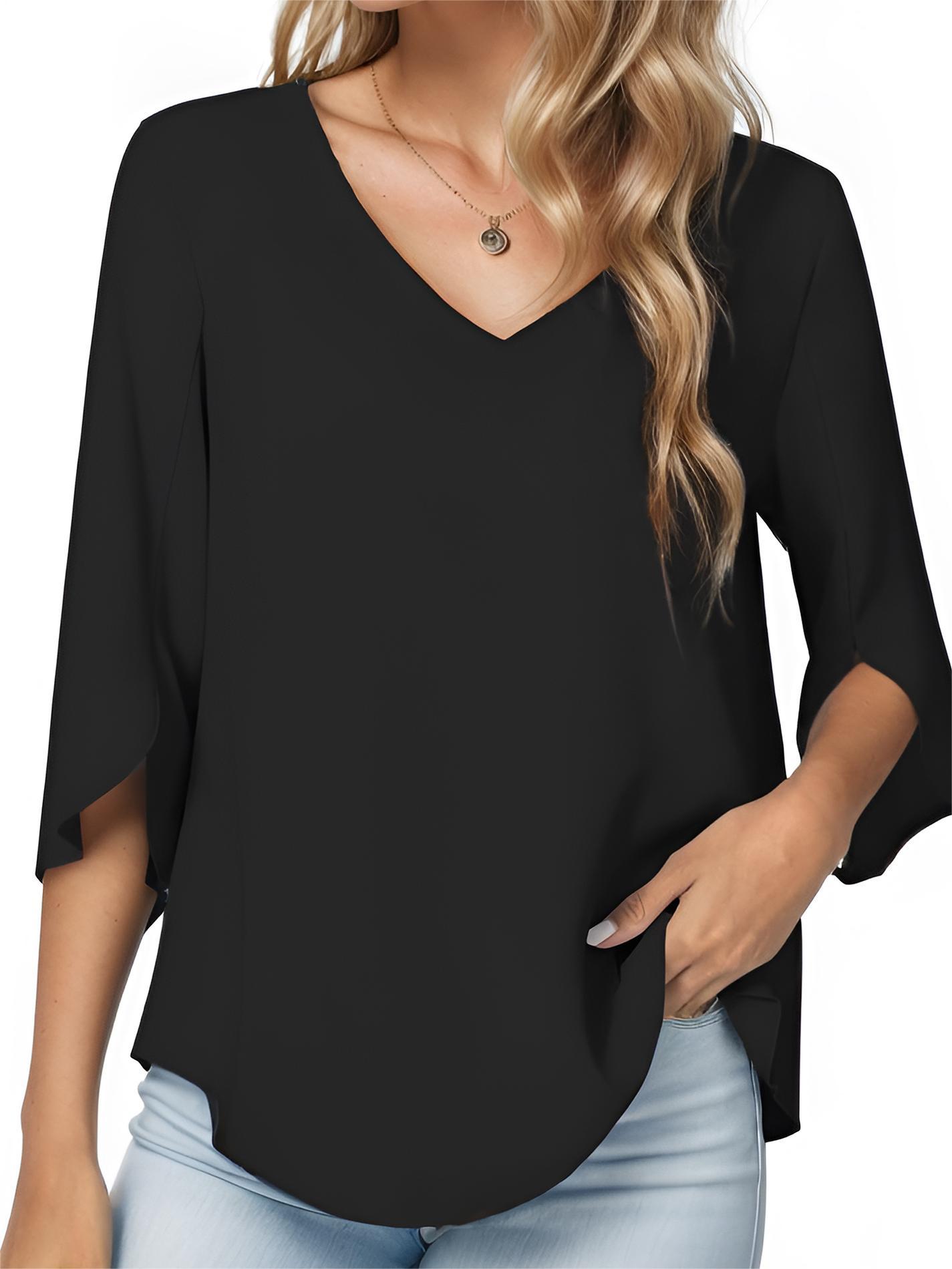 womens casual v neck loose tunic top 3 4 sleeve chiffon blouse shirt tops details 13