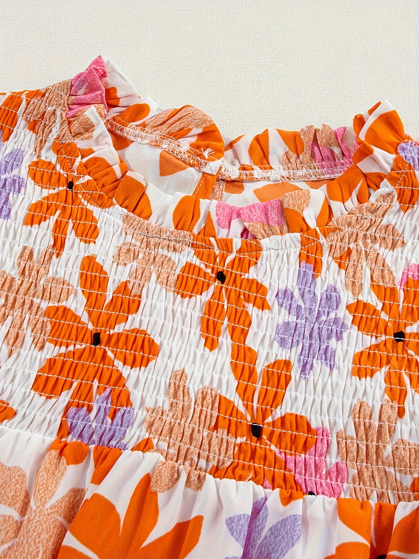 orange   sleeve smocked floral top details 1