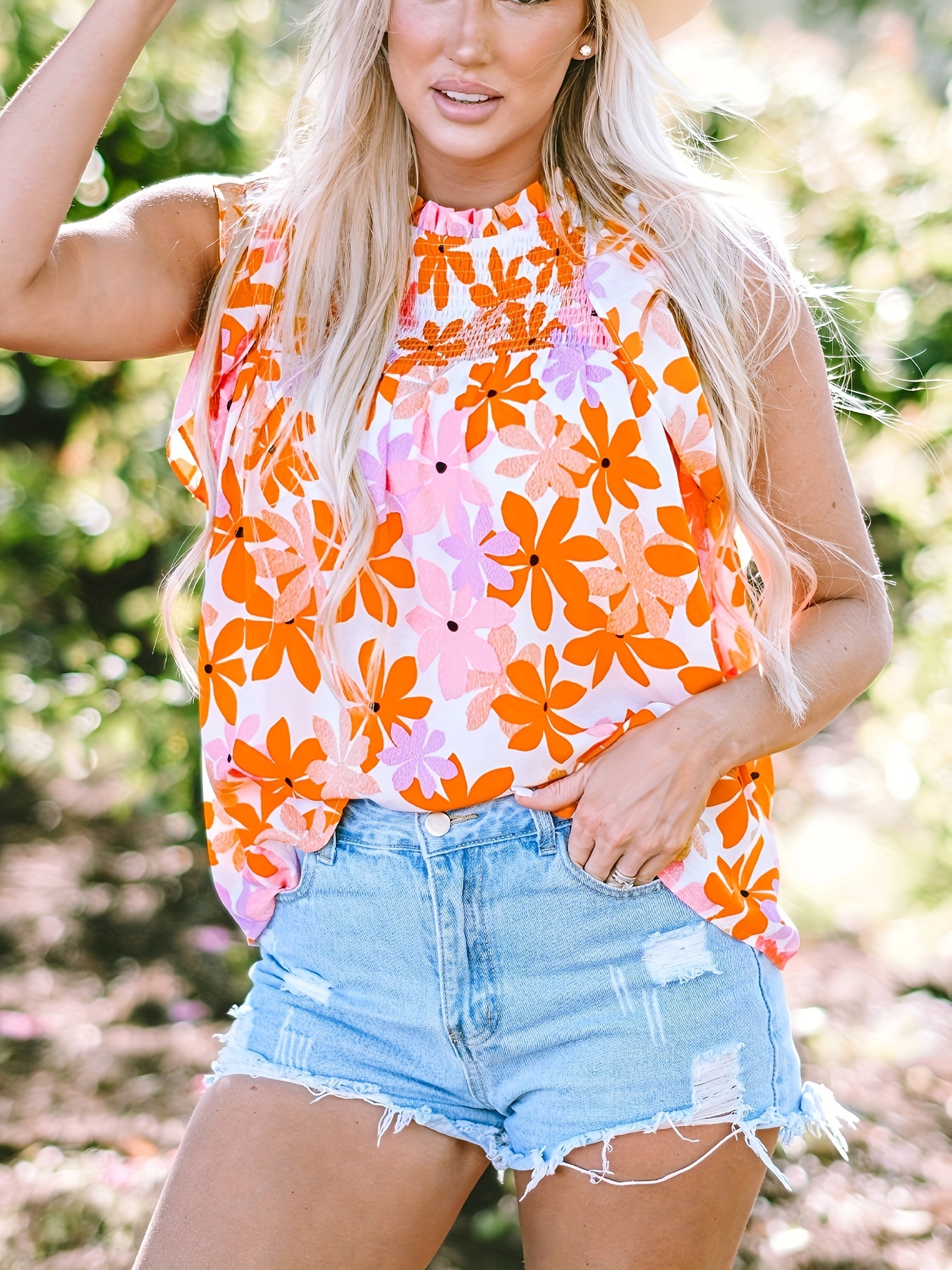 orange   sleeve smocked floral top details 3