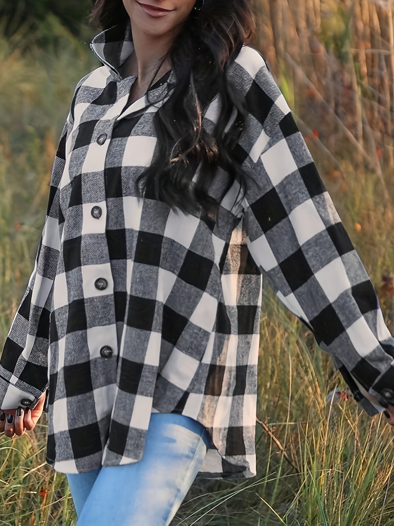 plaid pattern button up shirt casual turndown collar long sleeve shirt for spring fall womens clothing details 1