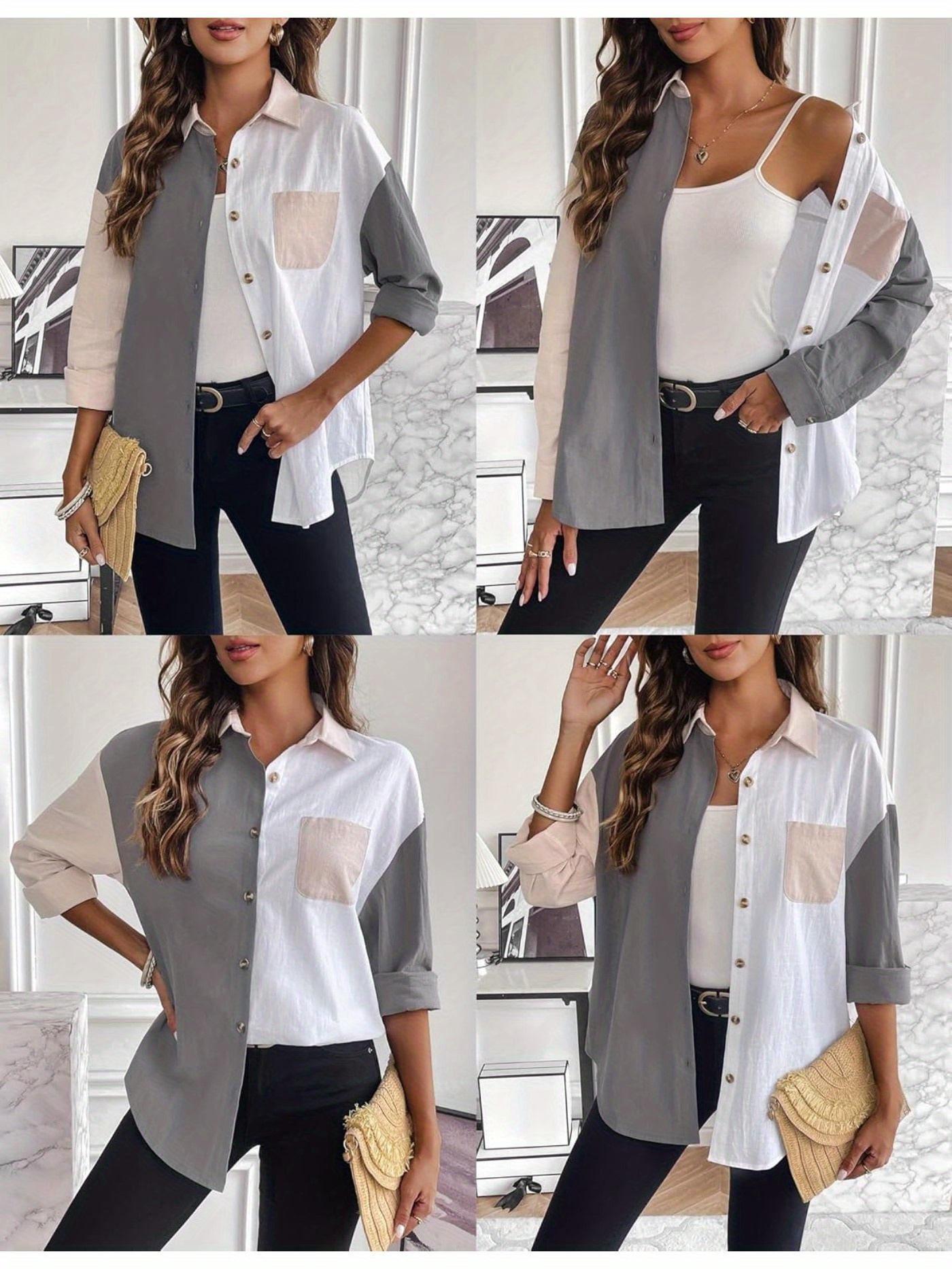 button front shirt with pocket casual color block lapel neck long sleeve shirt for spring fall womens clothing details 4