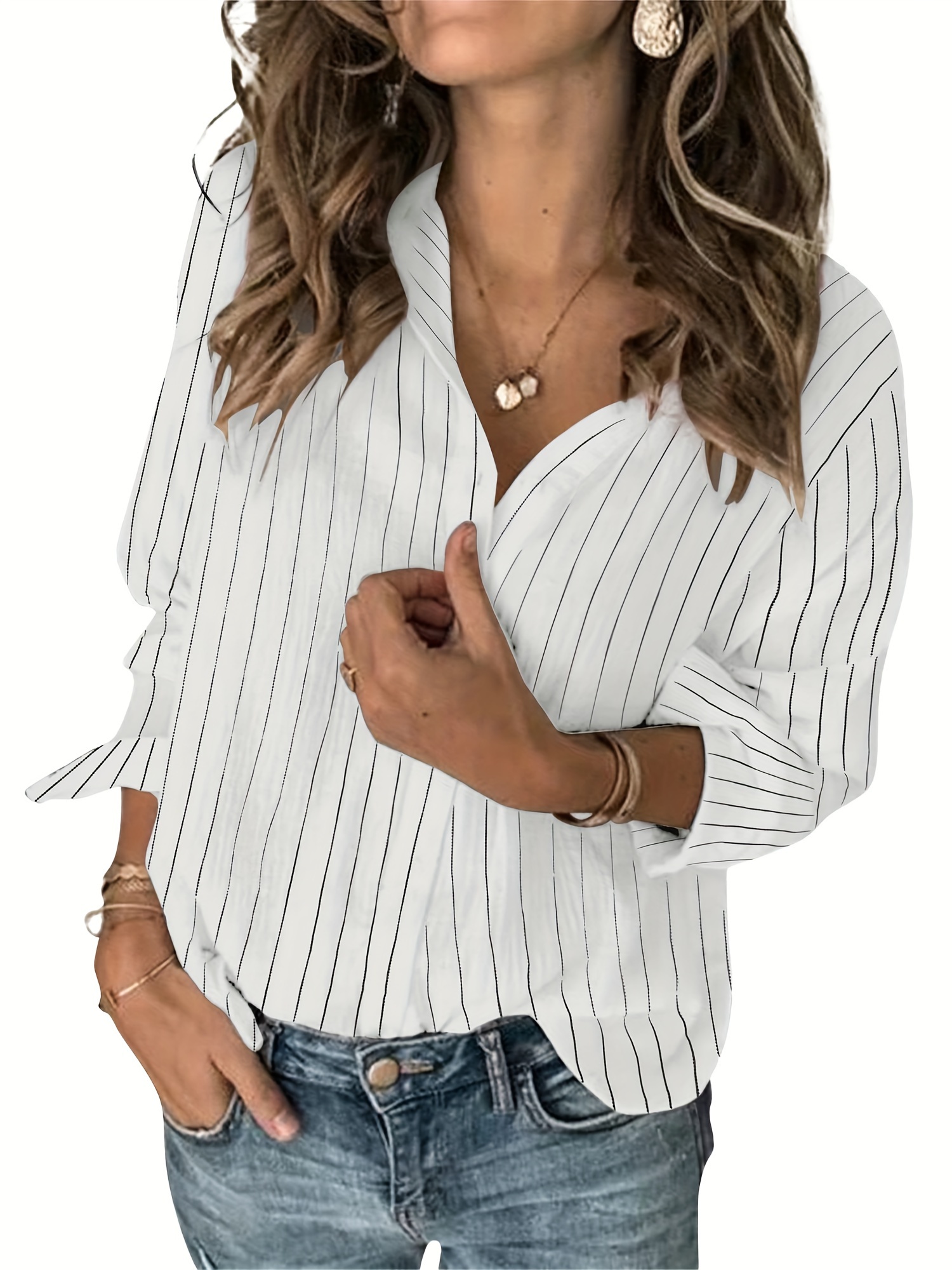 striped print button up shirt casual lapel neck long sleeve loose shirt womens clothing details 3