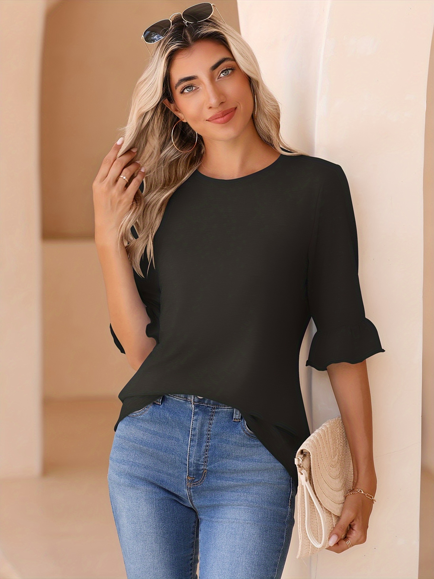 womens 3 4 length sleeve tops loose fit casual crew neck shirts ruffle tunic blouses details 18