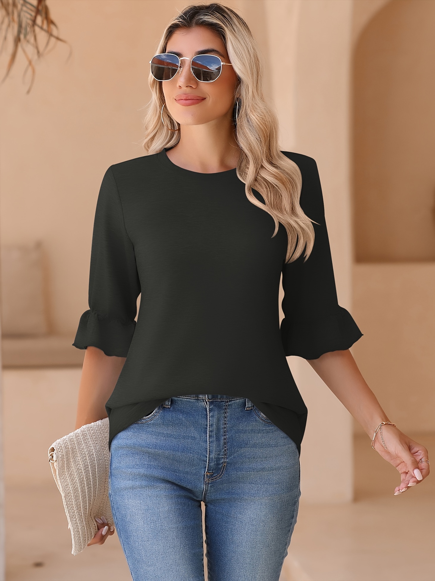 womens 3 4 length sleeve tops loose fit casual crew neck shirts ruffle tunic blouses details 19