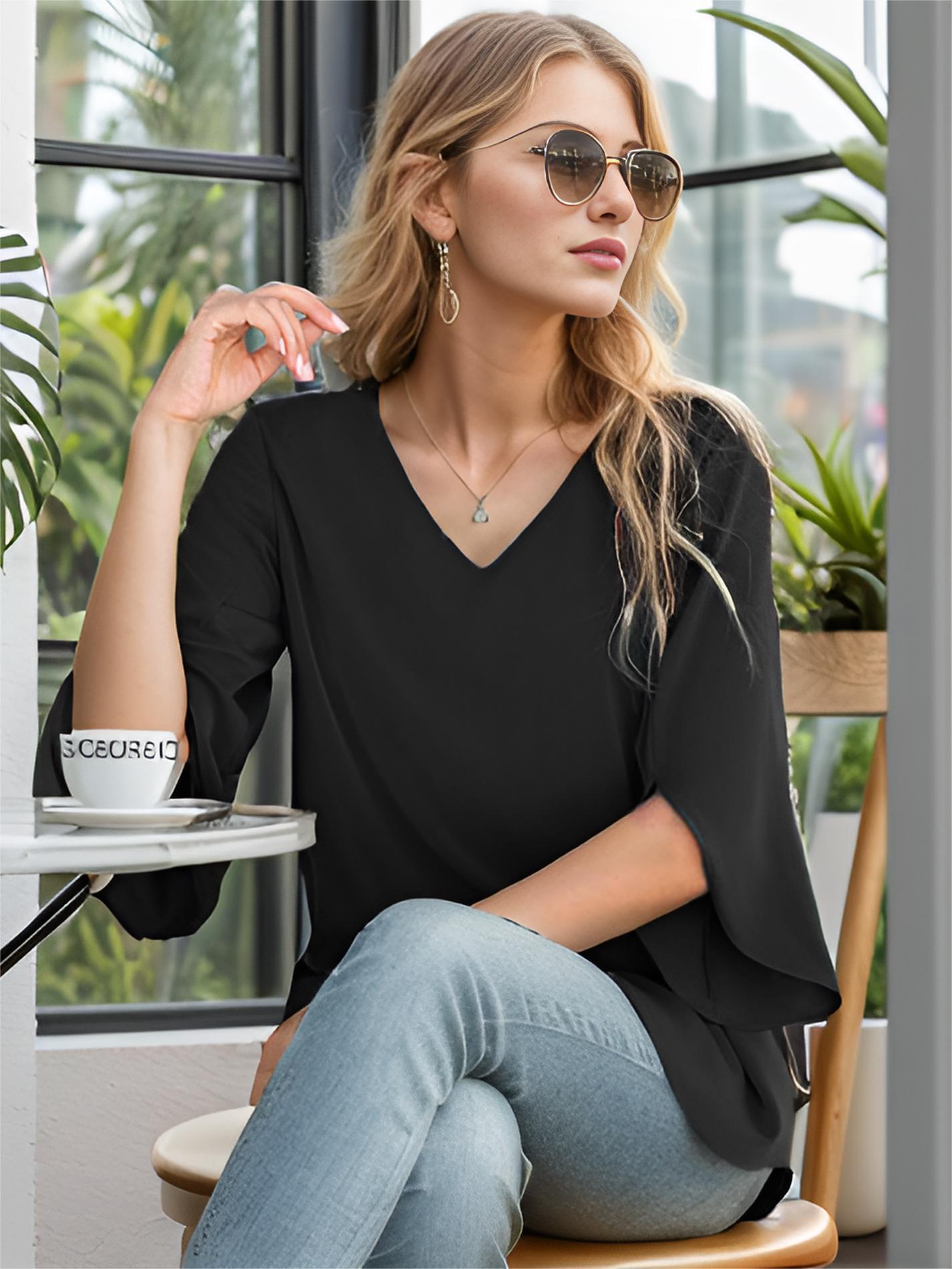 v neck 3 4 sleeve loose blouse elegant blouse for daily wear womens clothing details 4